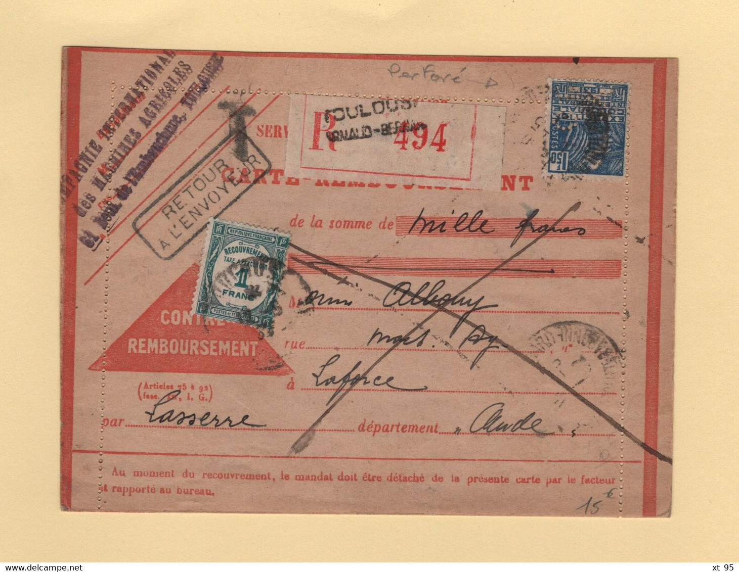 Perforation CI/MA 180 - Compagnie Internationale Machines Agricoles - Carte Contre Remboursement Taxe - 1932 - Cartas & Documentos