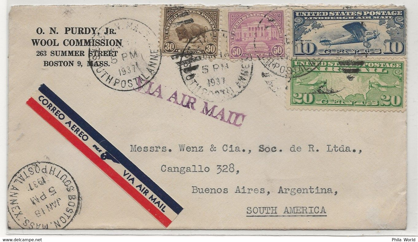 PANAM PAA 1937 USA United States Postage Bison Boston ARGENTINA Buenos Aires Par Avion Correo Aereo Via Air Mail - Avions