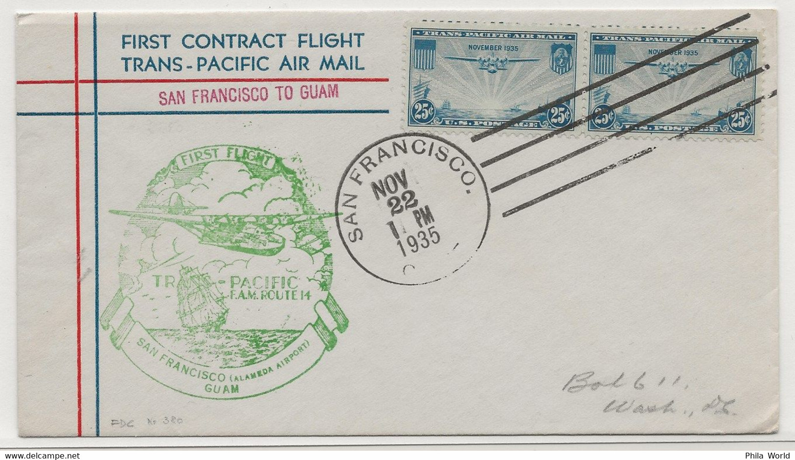 PANAM PAA 1935 FAM Route 14 USA United States First Contract Flight Trans Pacific Air Mail SAN FRANCISCO To GUAM - Aviones