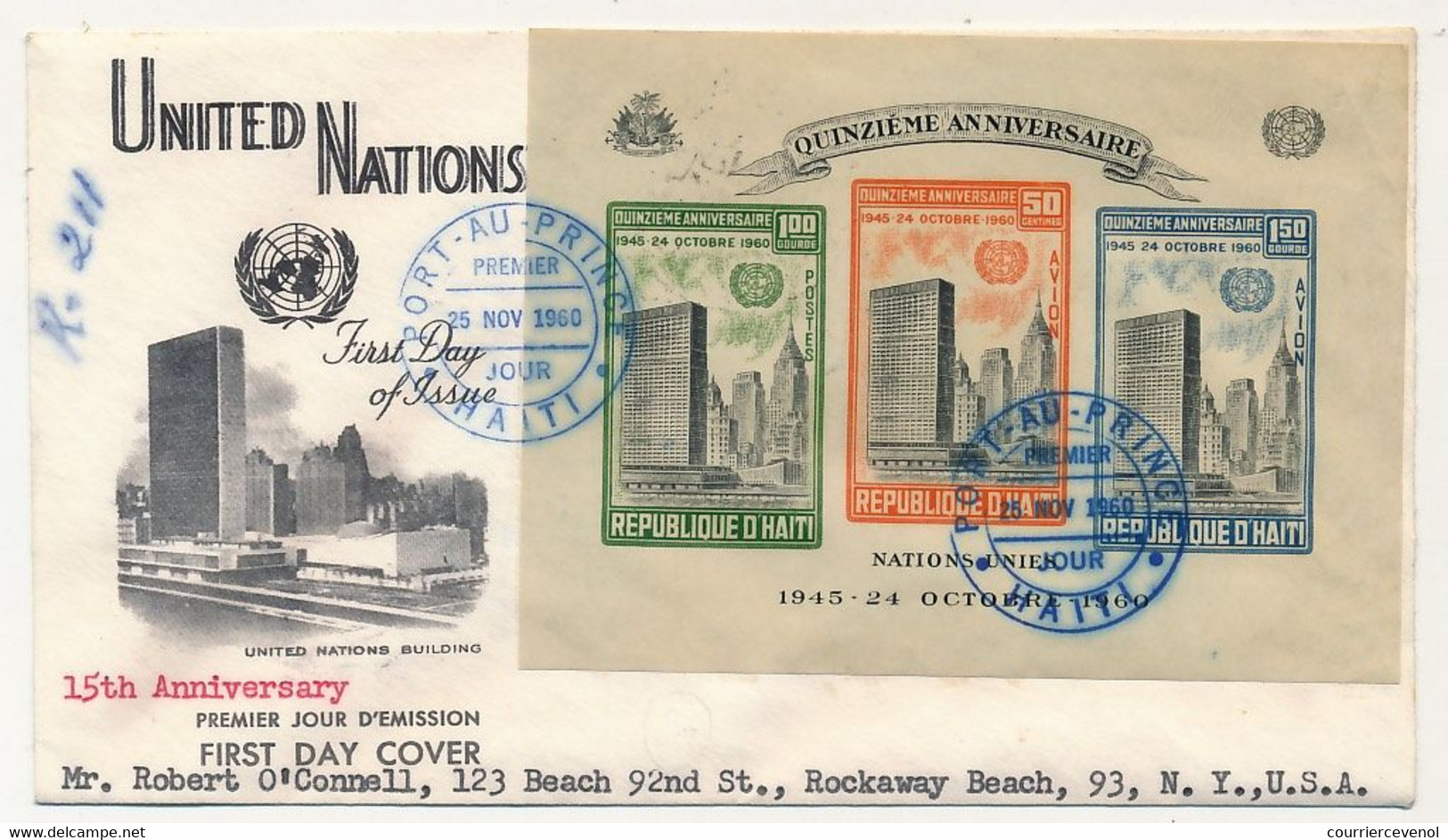 HAITI - Env. FDC 1 Bloc Feuillet 15eme Anniversaire Des Nations Unies - Port Au Prince - 25 Nov 1960 - Haïti