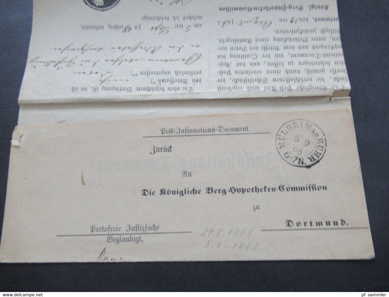 AD Preussen 1868 Post Insinuations Dokument Stempel K2 Mühlheim AD Ruhr Portofreie Justizsache Beglaubigt Nach Dortmund - Briefe U. Dokumente