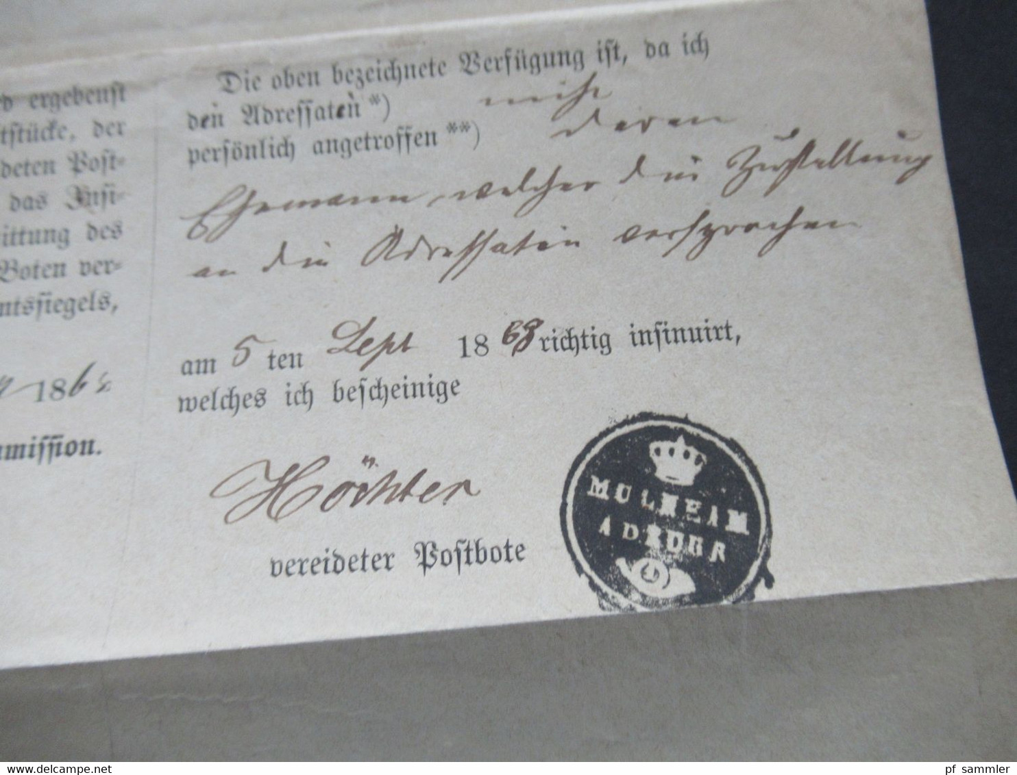 AD Preussen 1868 Post Insinuations Dokument Stempel K2 Mühlheim AD Ruhr Portofreie Justizsache Beglaubigt Nach Dortmund - Brieven En Documenten