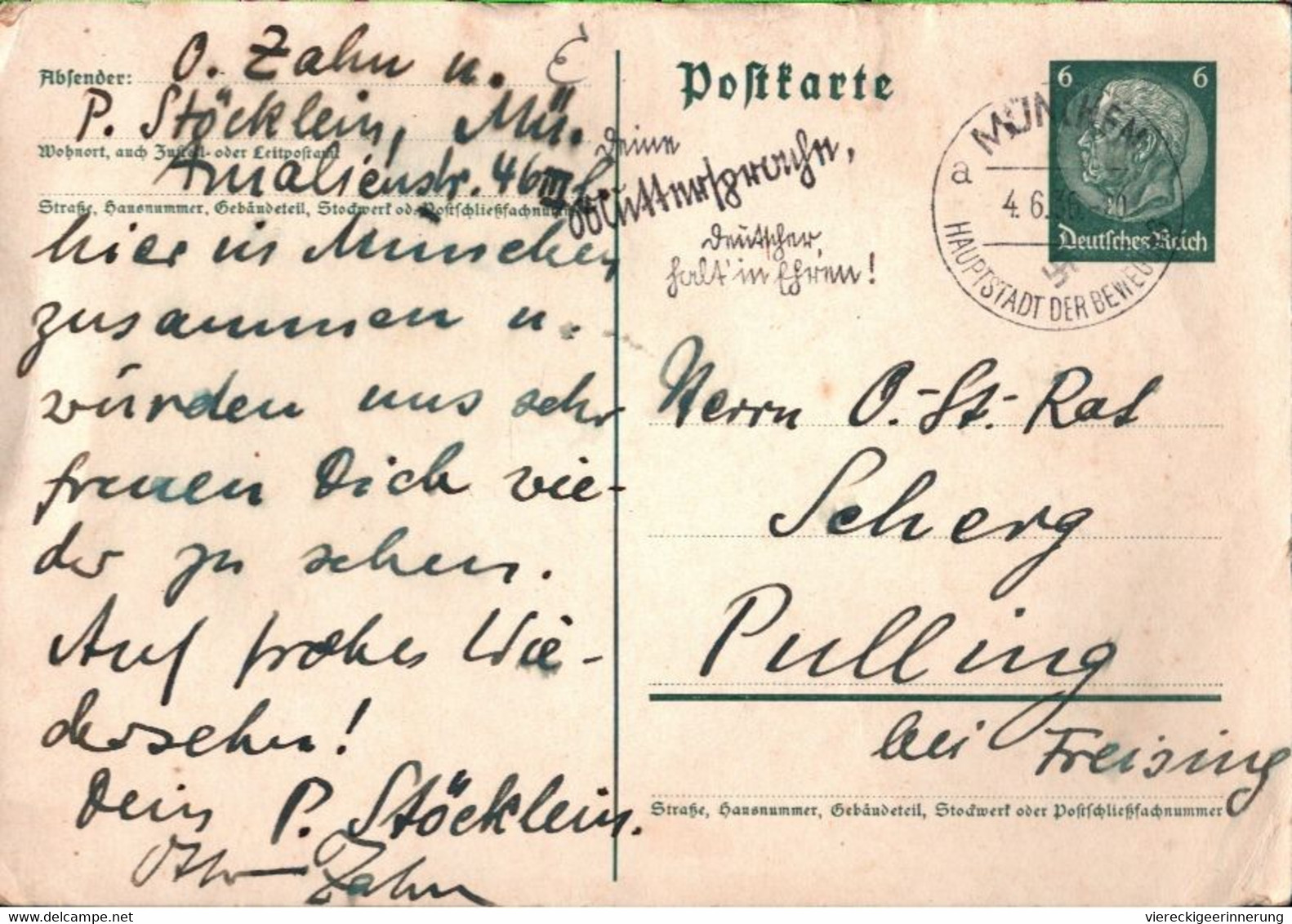 ! Autographen Otto Zahn, Paul Stöcklein, Ganzsache 1936 Aus München - Covers & Documents
