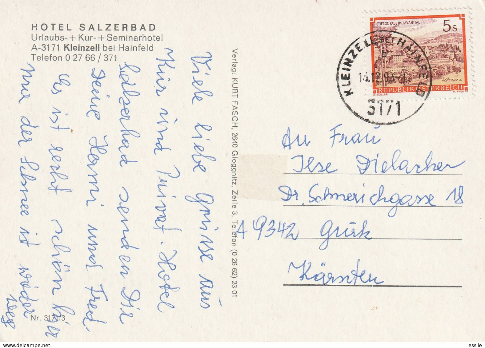 Austria Kleinzell Bei Hainfeld Hotel Salzerbad - Postcard Post Card - 1993 - Riegersburg