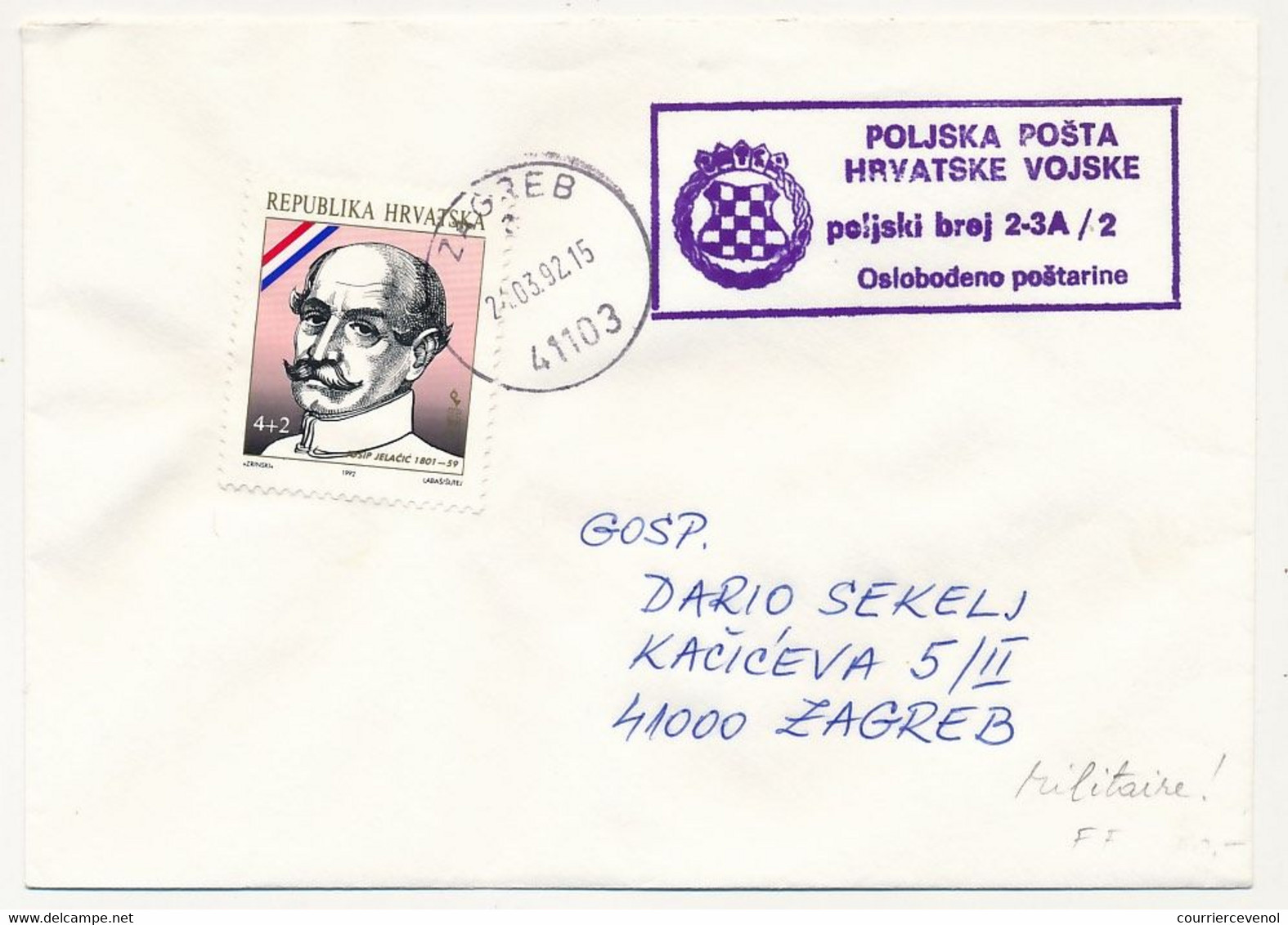 CROATIE - Enveloppe Militaire 1992 - Croatie