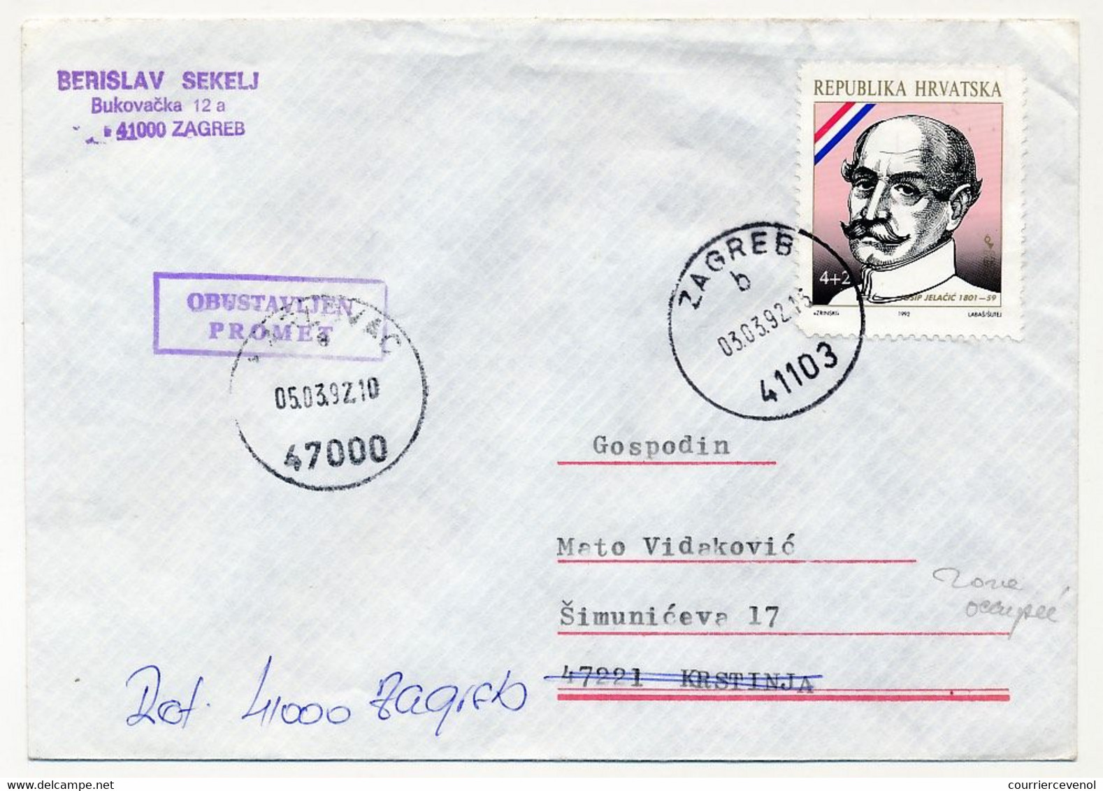 CROATIE - Enveloppe Zone Occupée 1992 - Croazia