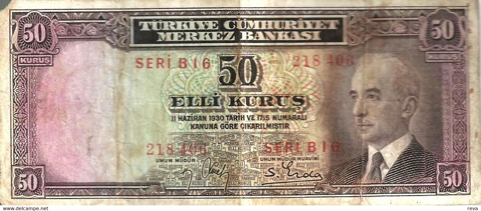 TURKEY 50 KURUS PURPLE MAN FRONT & BUILDING BACK DATED  11-06-1930 P133 F+  NOT ISSUED !!READ DESCRIPTION CAREFULLY !!! - Turquie