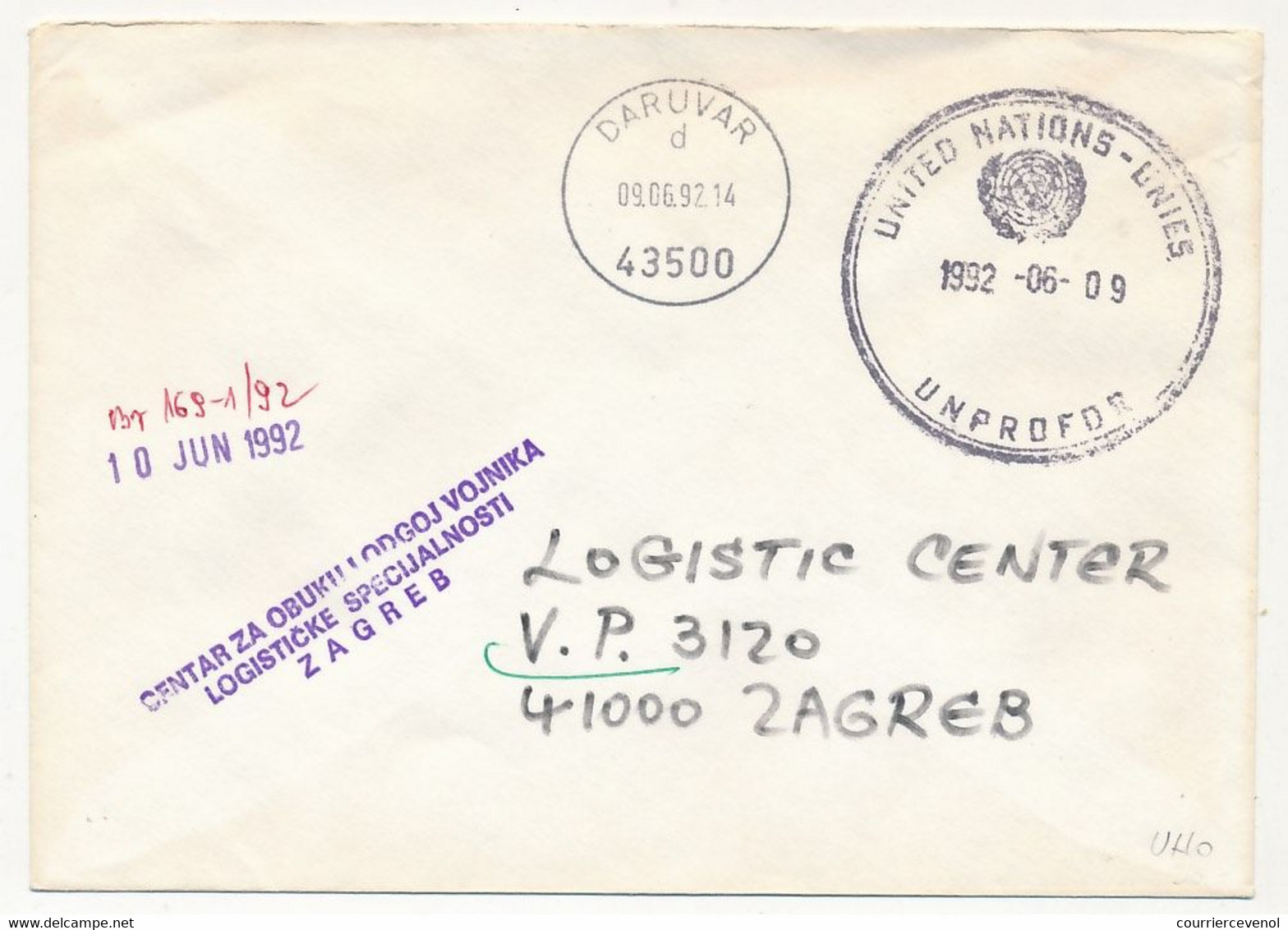 CROATIE - Enveloppe Unité Logistique à DARUVAR - Cachet UNFROFOR 9/6/1992 - Croazia
