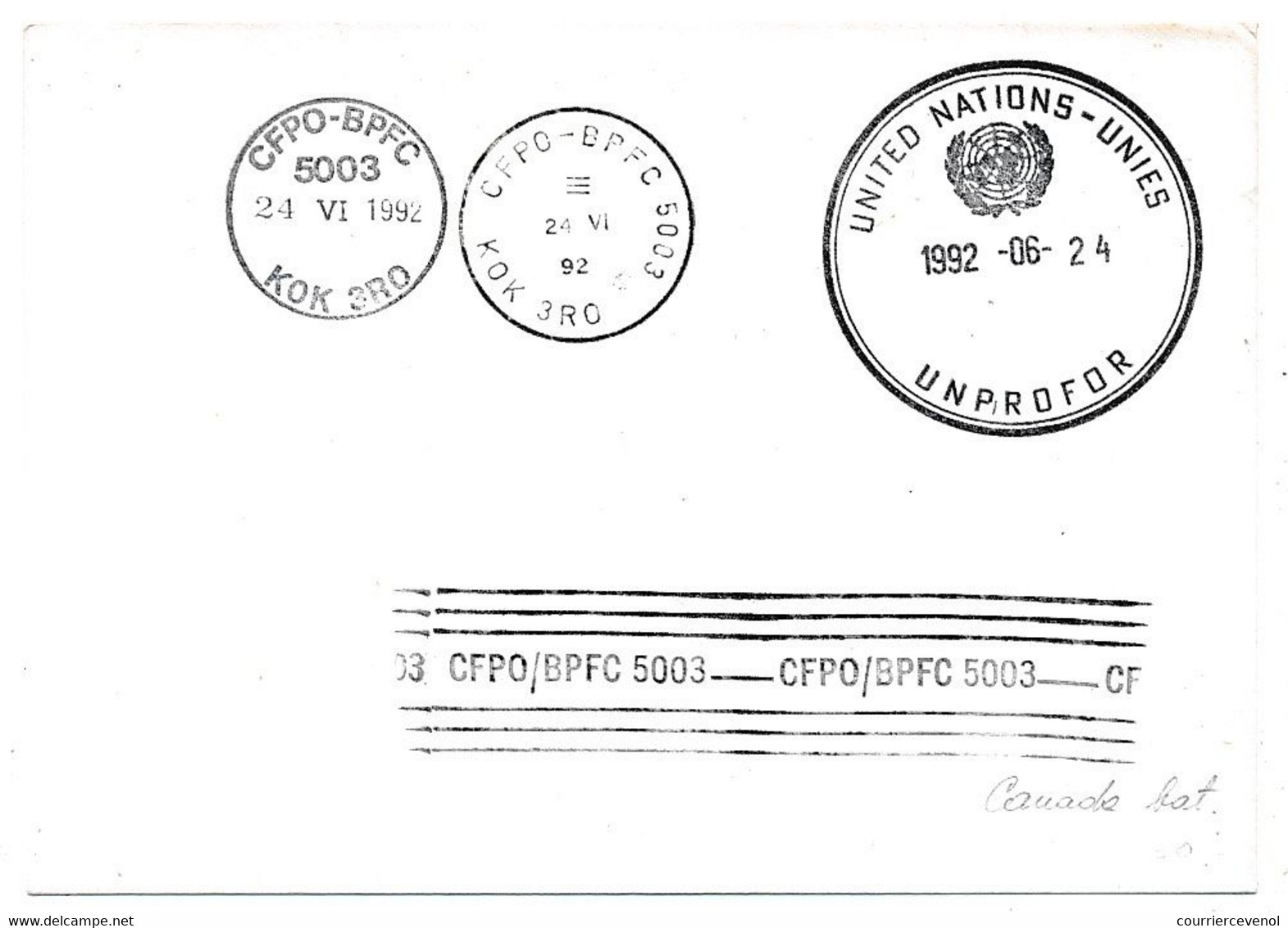 CROATIE - Enveloppe Unité Canadienne - Cachet UNFROFOR 24/6/1992 - Croazia