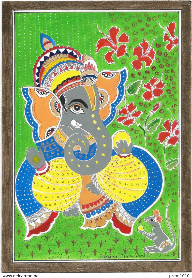 Original Painting-  GANESHA- - Acrylic Hand-painting On Art Paper- Indian- Madhubani Style Art Work By Neema - Pasteles