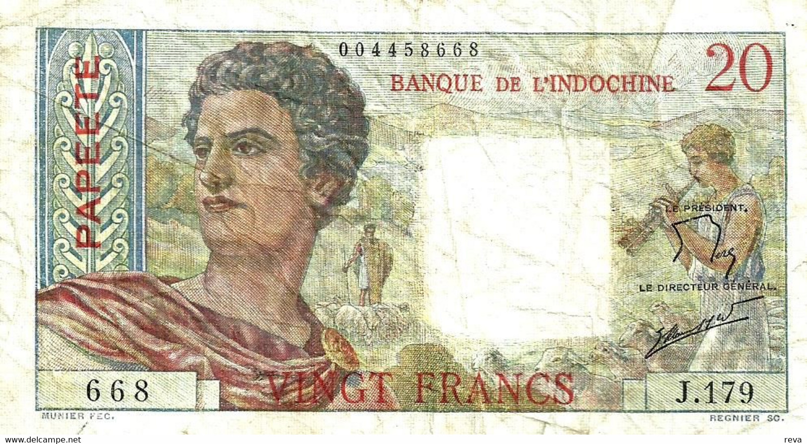 FRENCH POLYNESIA 20 FRANCS GREY MAN HEAD FRONT WOMAN BACK NOT DATED(1963) P21c 3RD SIG VARIETY F+ READ DESCRIPTION!! - Papeete (Polinesia Francese 1914-1985)