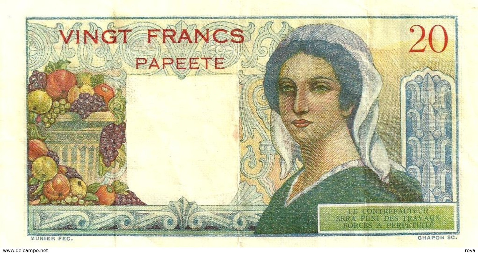 FRENCH POLYNESIA 20 FRANCS GREY MAN HEAD FRONT WOMAN BACK NOT DATED(1963) P21c 3RD SIG VARIETY F+ READ DESCRIPTION!! - Papeete (French Polynesia 1914-1985)