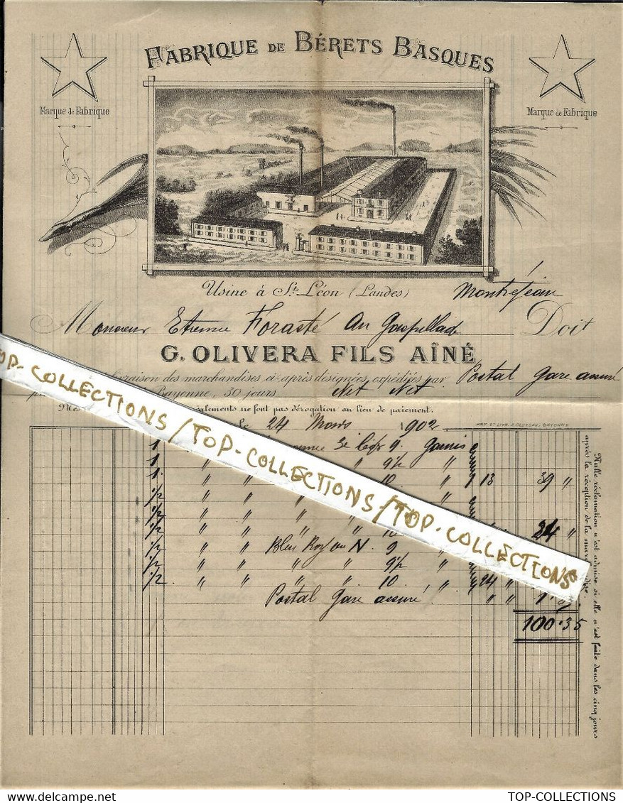 1902  Bayonne Fabrique De Bérets Basques Usine à St Léon Landes ENTETE G.Olivera Pour Forasté à Montrejeau 	B.E. - 1900 – 1949