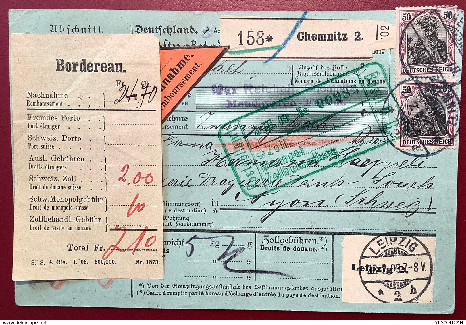 CHEMNITZ 1905 MEF Mi 91 I NACHNAHME ! Paketkarte>Nyon VD Schweiz (DR Brief Basel Zoll Germania Parcel Card Colis Postal - Covers & Documents