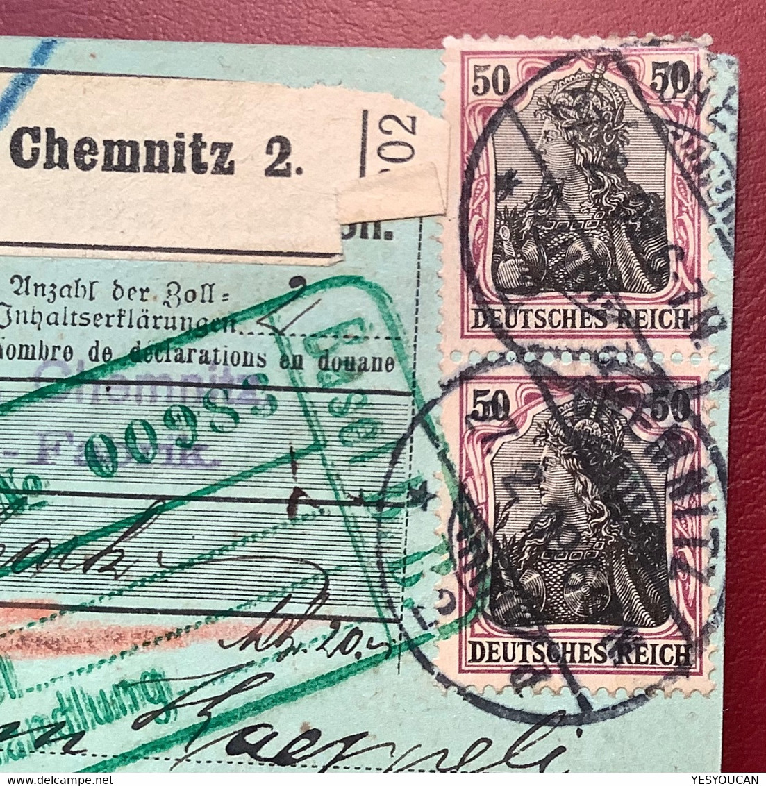 CHEMNITZ 1905 MEF Mi 91 I NACHNAHME ! Paketkarte>Nyon VD Schweiz (DR Brief Basel Zoll Germania Parcel Card Colis Postal - Briefe U. Dokumente