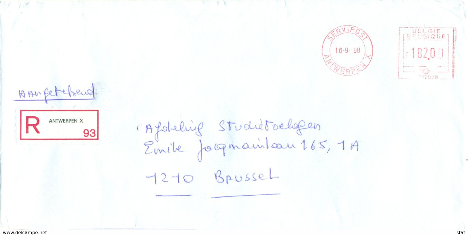 Aangetekende Brief - Servipost Antwerpen X 18-9-99 - Automaatnr P10028 - 1980-1999