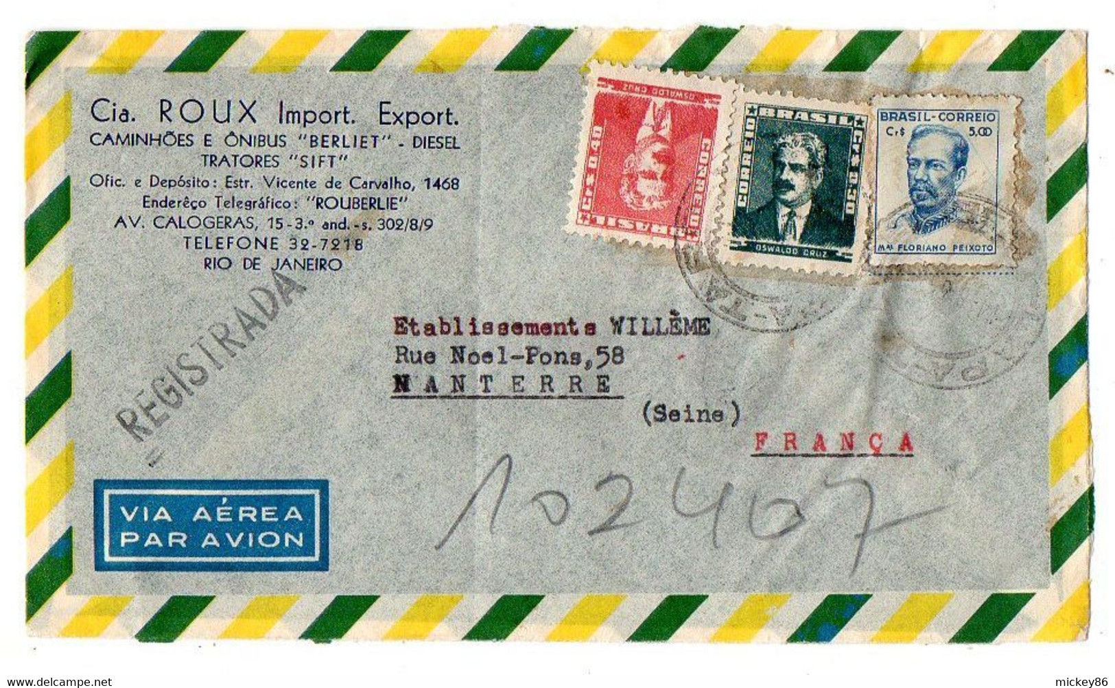 Brésil--1955--Lettre Recommandée  RIO  Pour NANTERRE-92 (France) ..Belle Composition De Timbres (personnages)..cachet - Briefe U. Dokumente