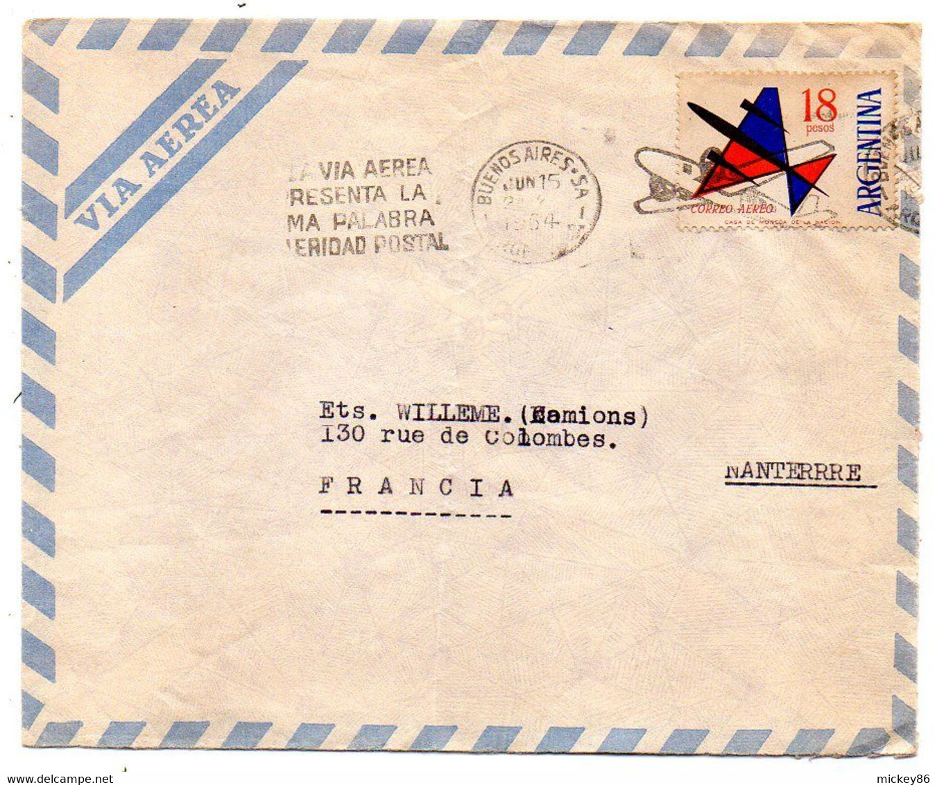 Argentine -1955--Lettre BUENOS AIRES  Pour NANTERRE-92 (France) ..timbre (avion ) Seul Sur Lettre..cachet - Briefe U. Dokumente