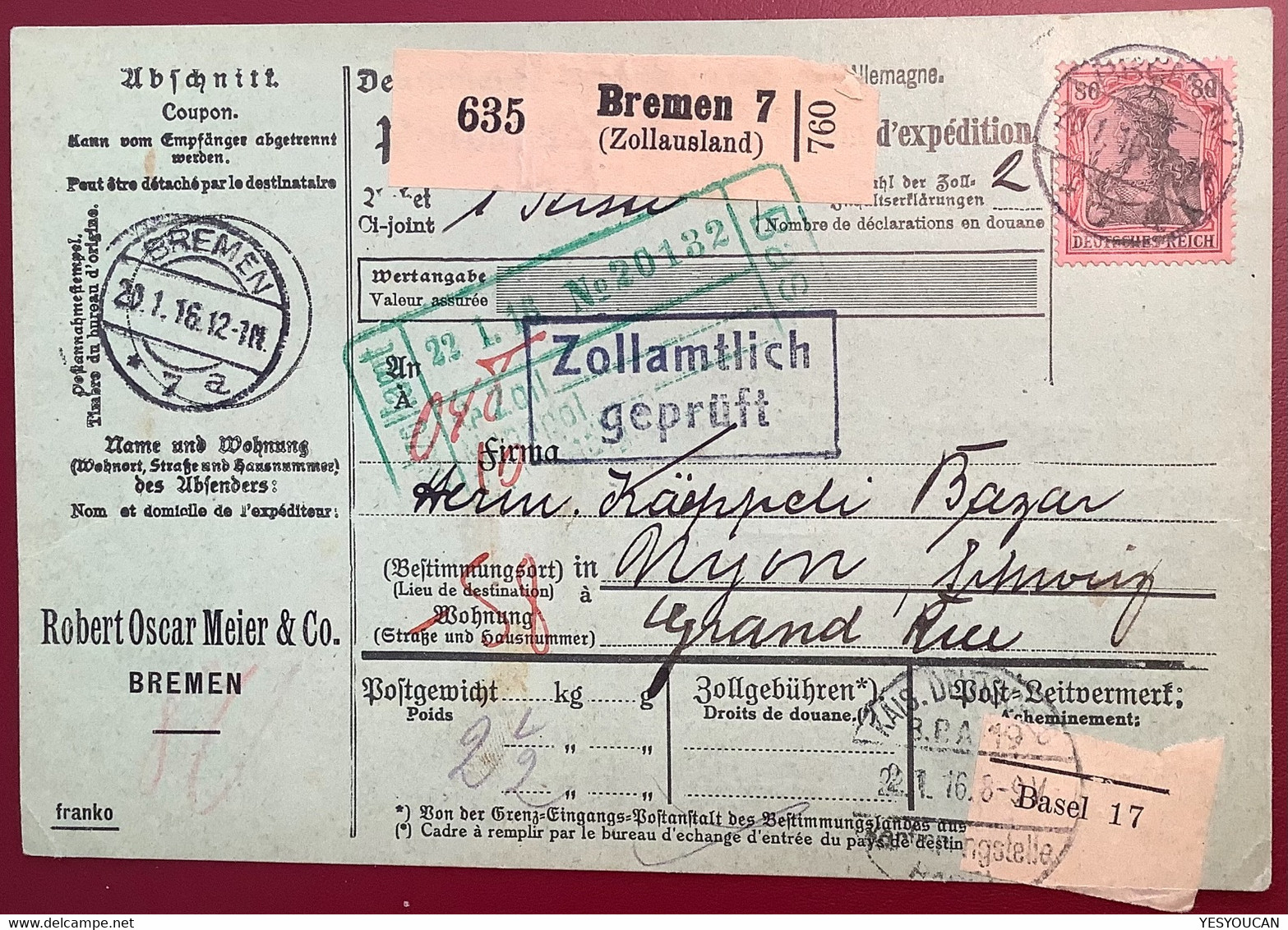 BREMEN 7 ZOLLAUSLAND 1916 Mi 93 II Paketkarte>Droguerie Hermann Kaeppeli Nyon VD Schweiz (Germania Robert Oscar Meier - Briefe U. Dokumente