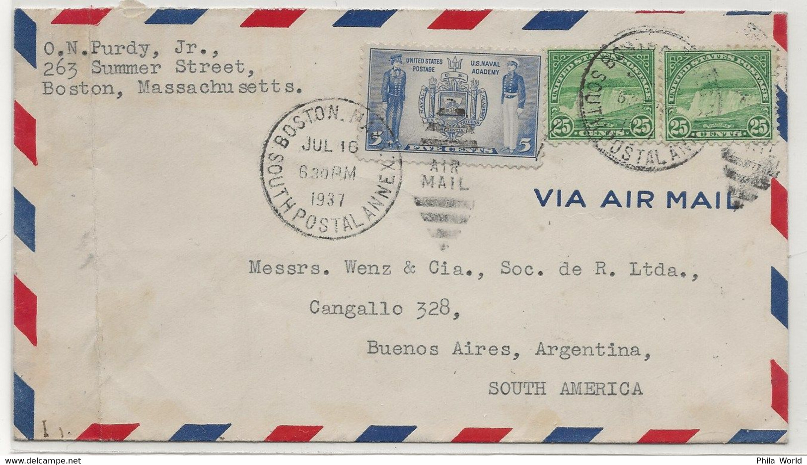 PANAM PAA 1937 USA United States Postage BOSTON ARGENTINA Correo Aereo Via Air Mail Par Avion - Avions