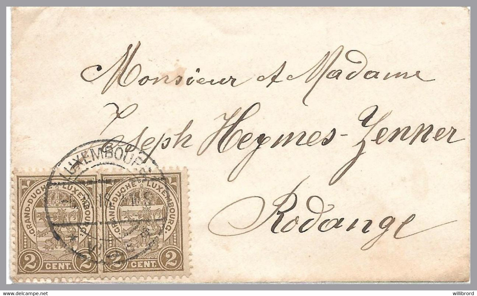 LUXEMBOURG - 1918 Visiting Card Cover - 2c Arms Pair - Luxembourg To Rodange - Joseph Heymes-Zenner Family - 1907-24 Scudetto