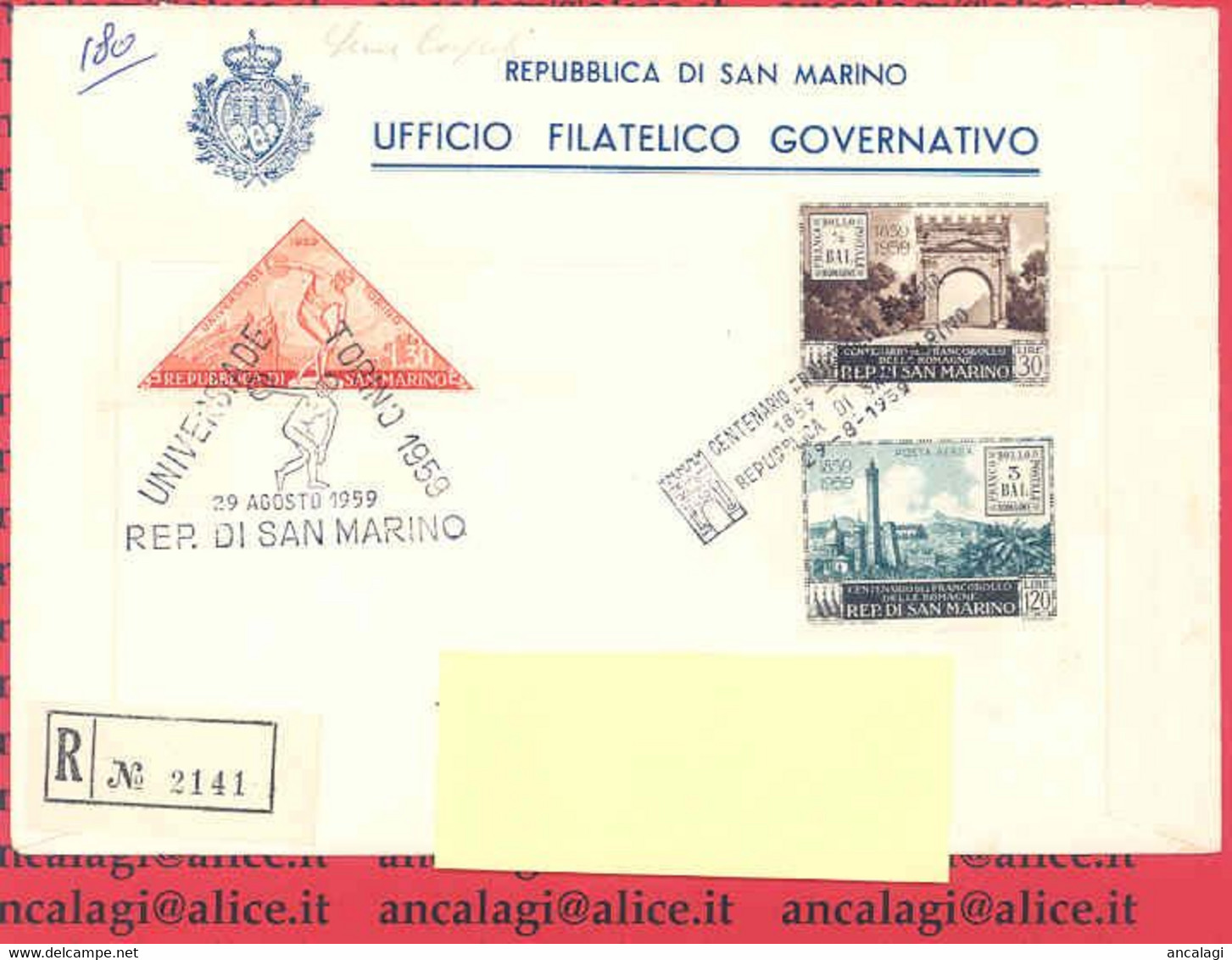 SAN MARINO 1959 - St.Post.025 - Busta FDC Raccomandata "100° FRANCOBOLLO ROMAGNE" - Vedi Descrizione - - Covers & Documents