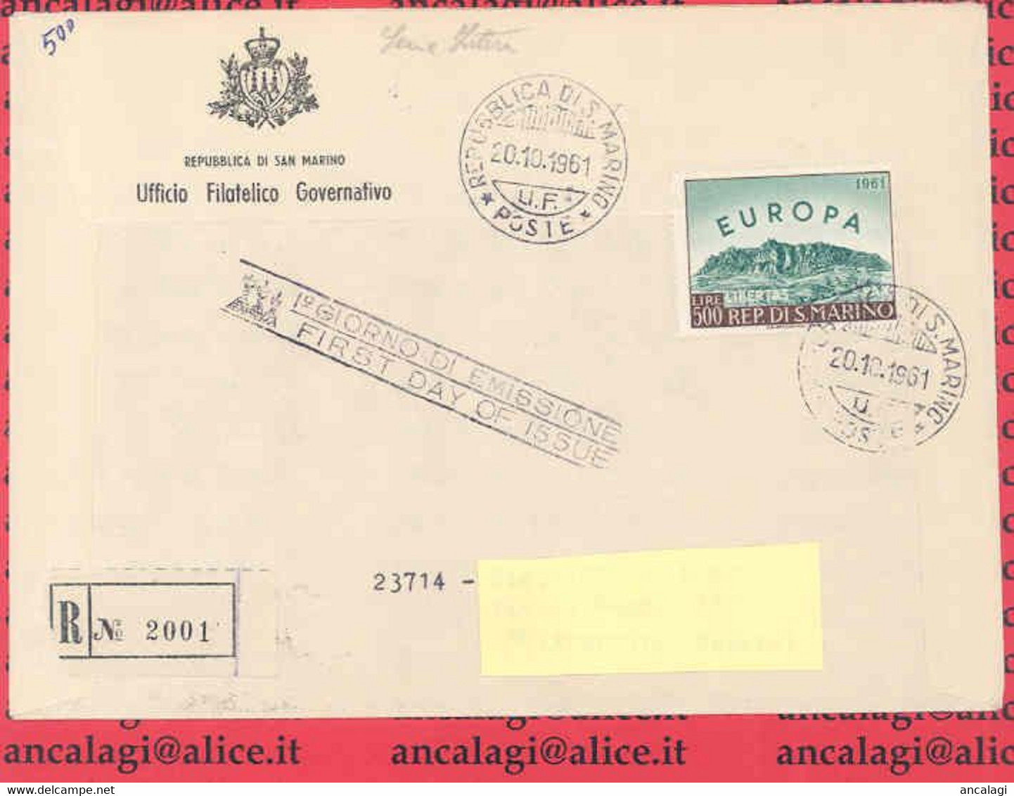 SAN MARINO 1961 - St.Post.028 - Busta FDC Raccomandata "EUROPA" - Vedi Descrizione - - Brieven En Documenten