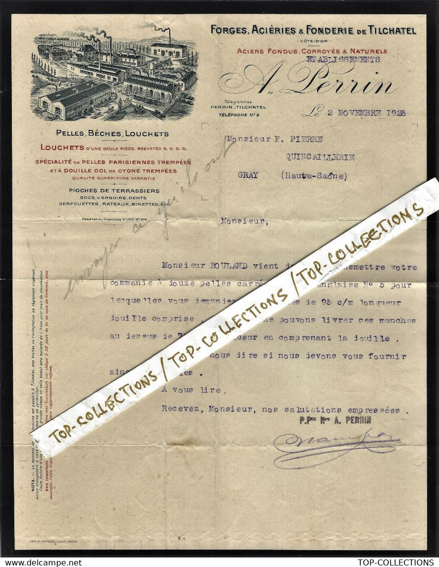 1928 SUPERBE ENTETE FORGES ACIERIES FONDERIES De Tilchatel Til- Chatel (Cote D’Or) => Pierre à Gray Haute Saône V.HIST - 1900 – 1949
