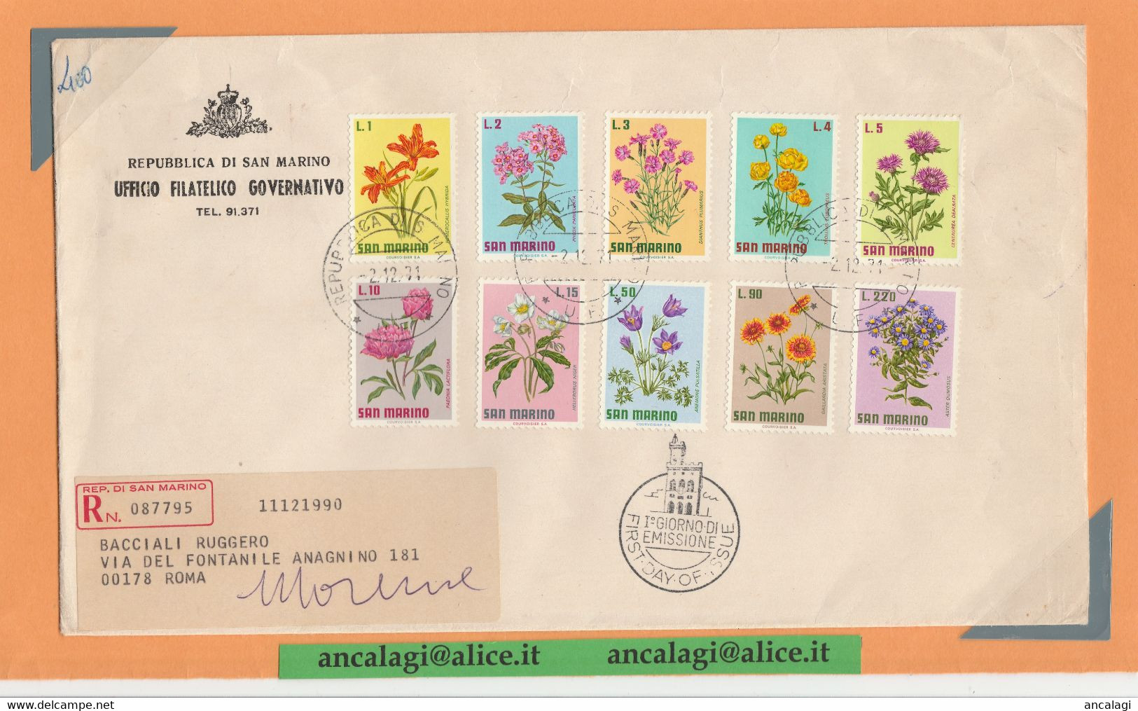 SAN MARINO 1971- St.Post.035 - Busta FDC Raccomandata, Serie Di 10v. "FIORI" 4^ Emissione - Vedi Descrizione - - Lettres & Documents