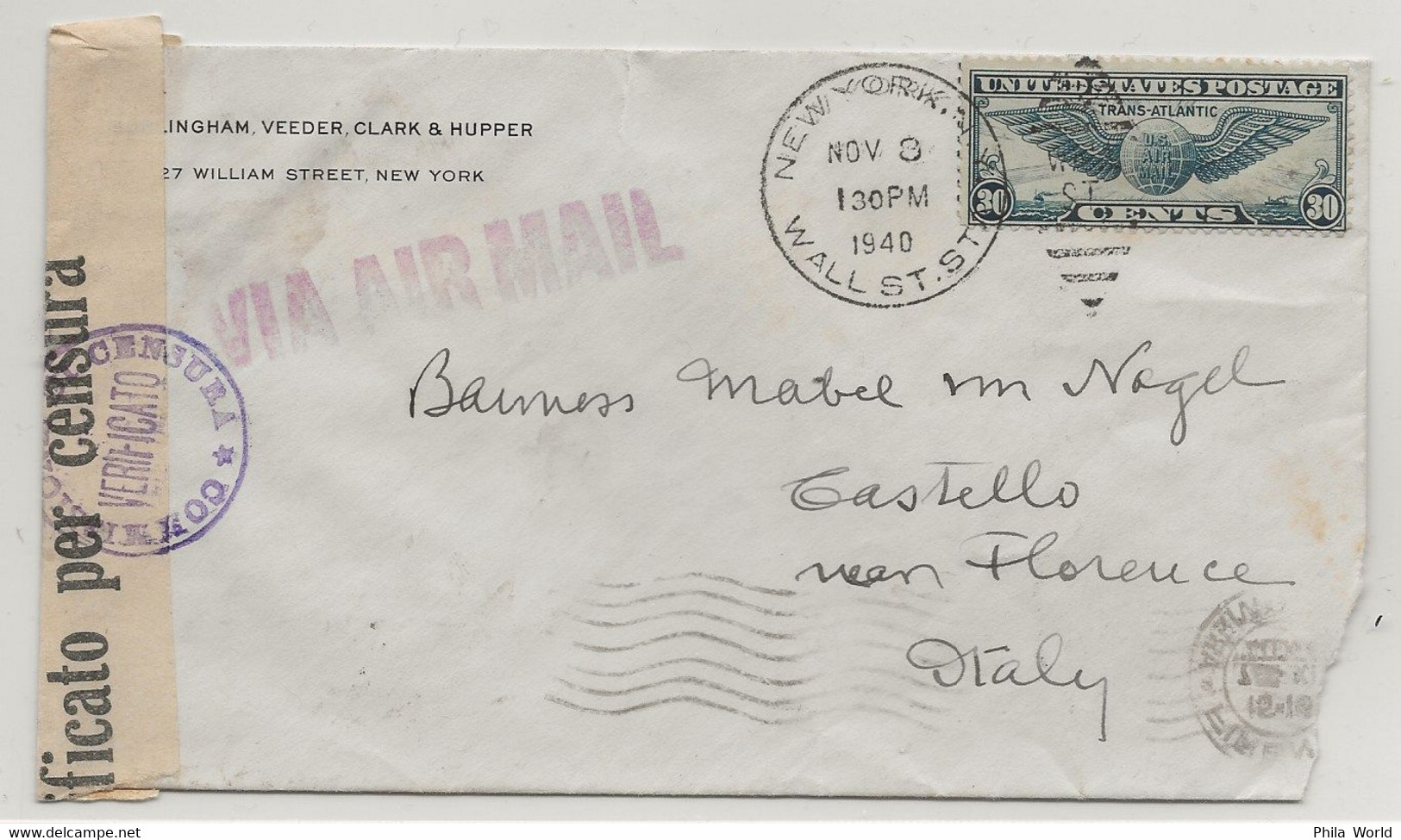 PANAM PAA WW2 1940 USA > ITALY Via Air Mail Par Avion Clipper VERIFICATO PER CENSURA FI Censor Office = FIRENZE Florence - Aviones