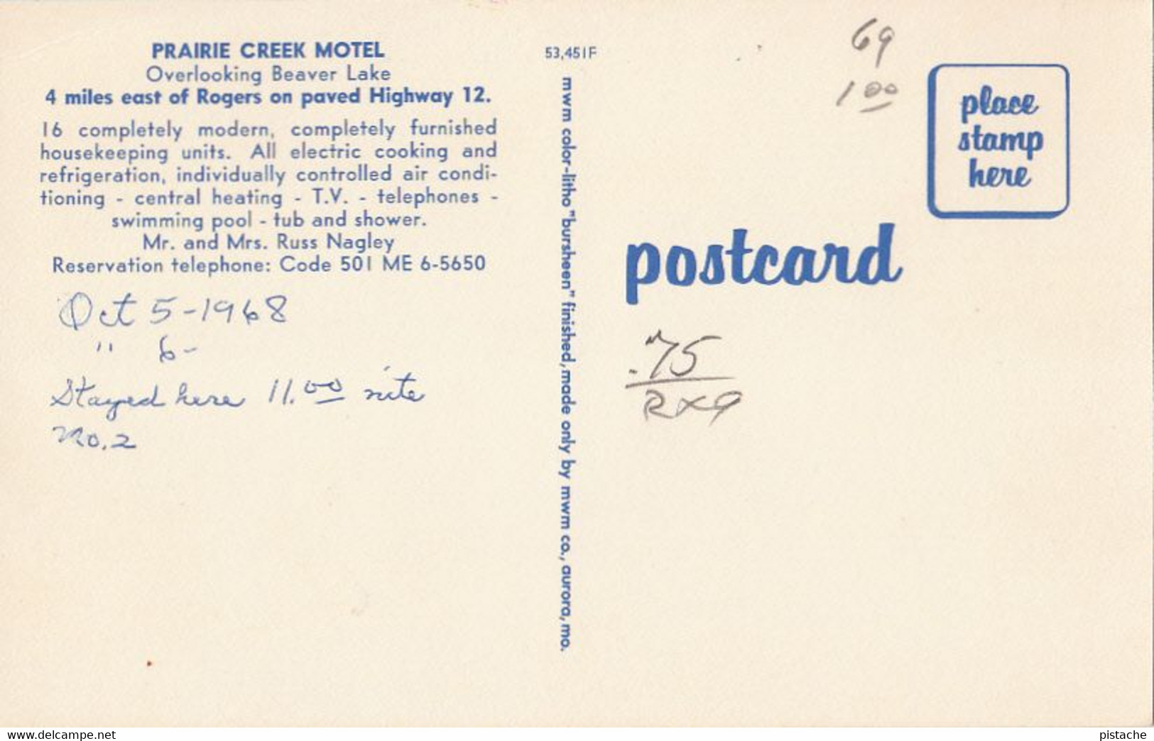 3550 – Prairie Creek Arkansas – Motel On Beaver Lake – Vintage - Written In 1968 – Station Wagon Car – VG Condition - Andere & Zonder Classificatie