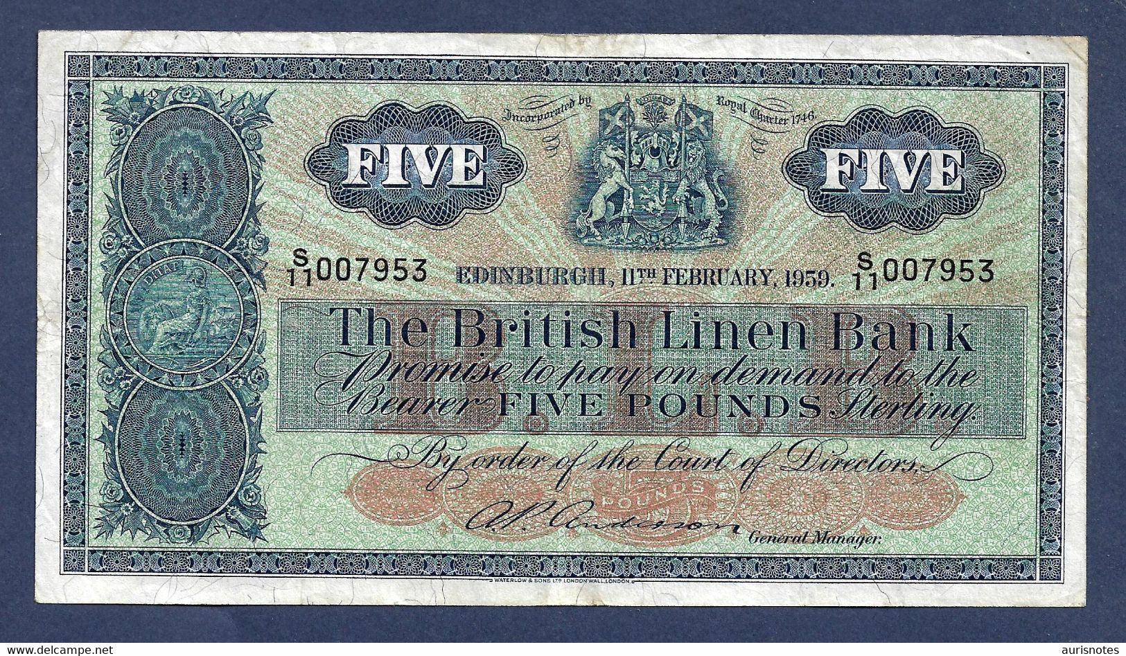 Scotland British Linen Bank 5 Pounds 1959 P161b Low Number VF - 5 Pond