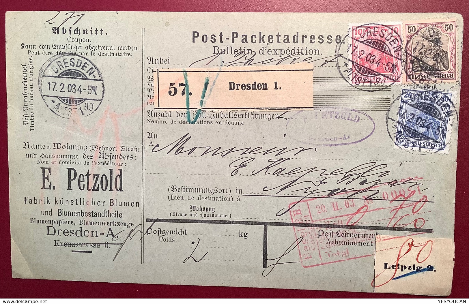 DRESDEN 1903 Germania Paketkarte E.Petzold Künstliche Blumen Stpl BASEL TRANSIT ! >Droguerie Nyon CH (DR Colis Postal - Covers & Documents