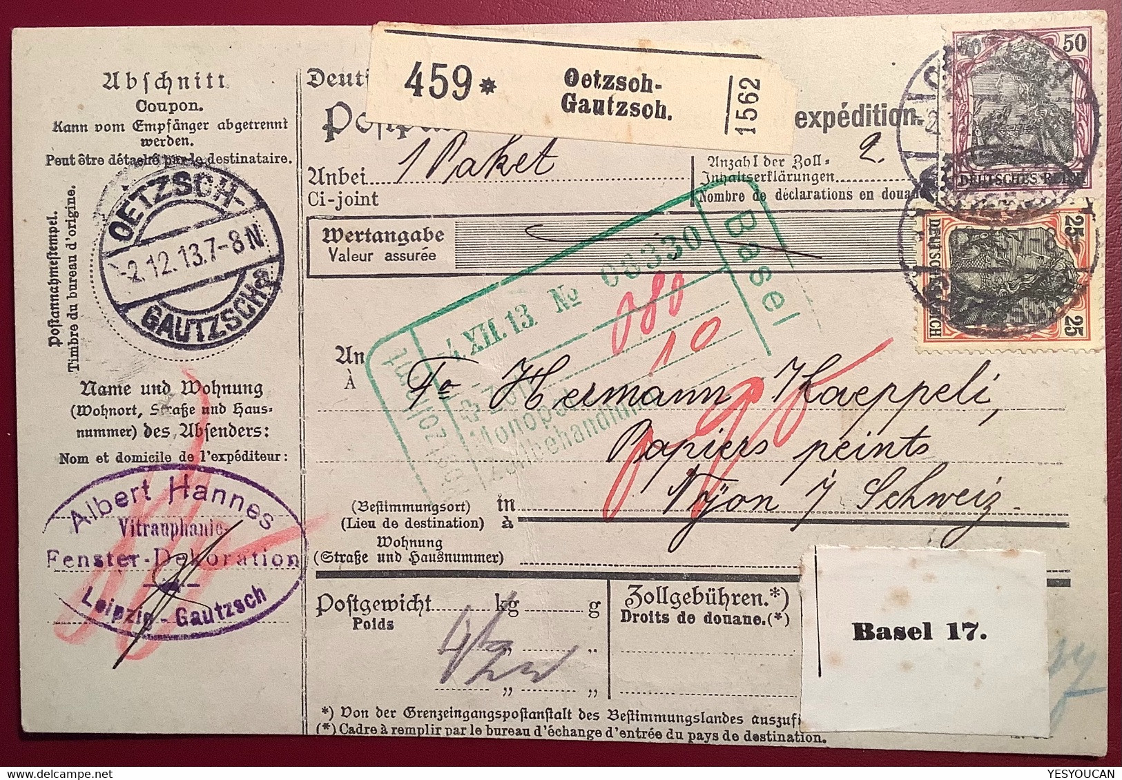 OETZSCH GAUTZSCH LEIPZIG 1913 Germania Paketkarte A.Hannes Fenster Dekoration>Droguerie Nyon CH (DR Colis Postal - Briefe U. Dokumente