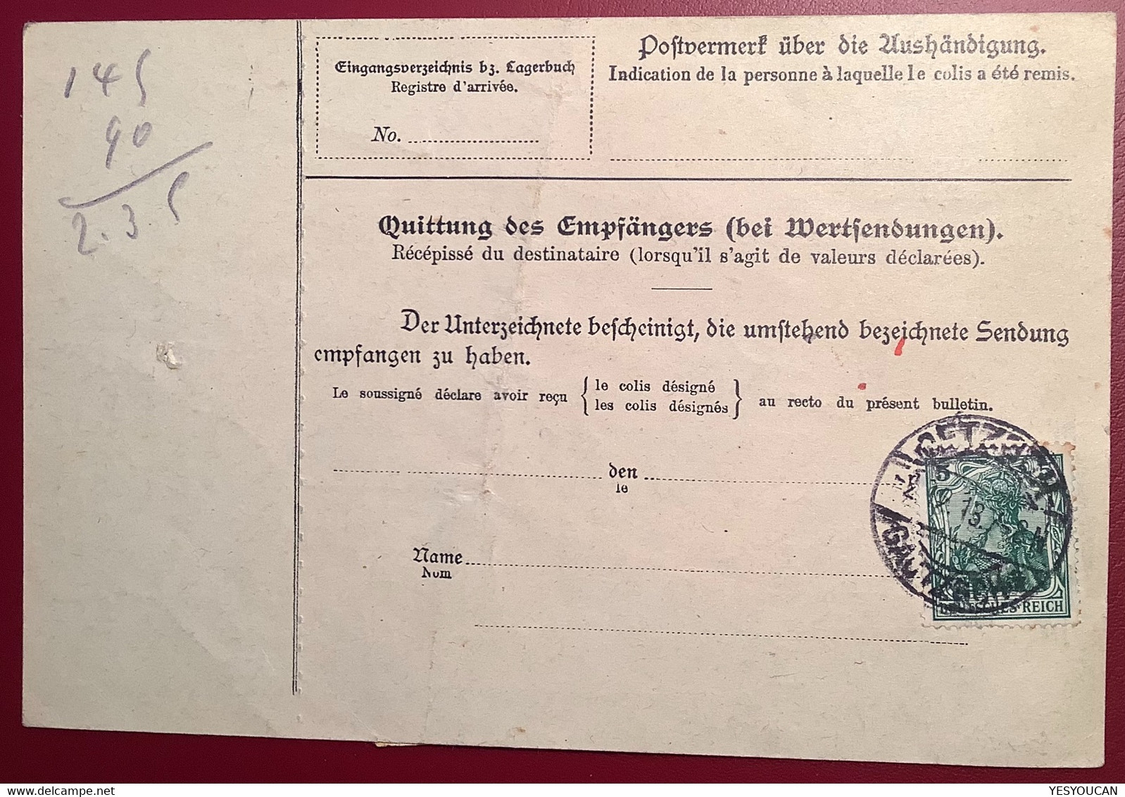 OETZSCH GAUTZSCH LEIPZIG 1913 Germania Paketkarte A.Hannes Fenster Dekoration>Droguerie Nyon CH (DR Colis Postal - Briefe U. Dokumente