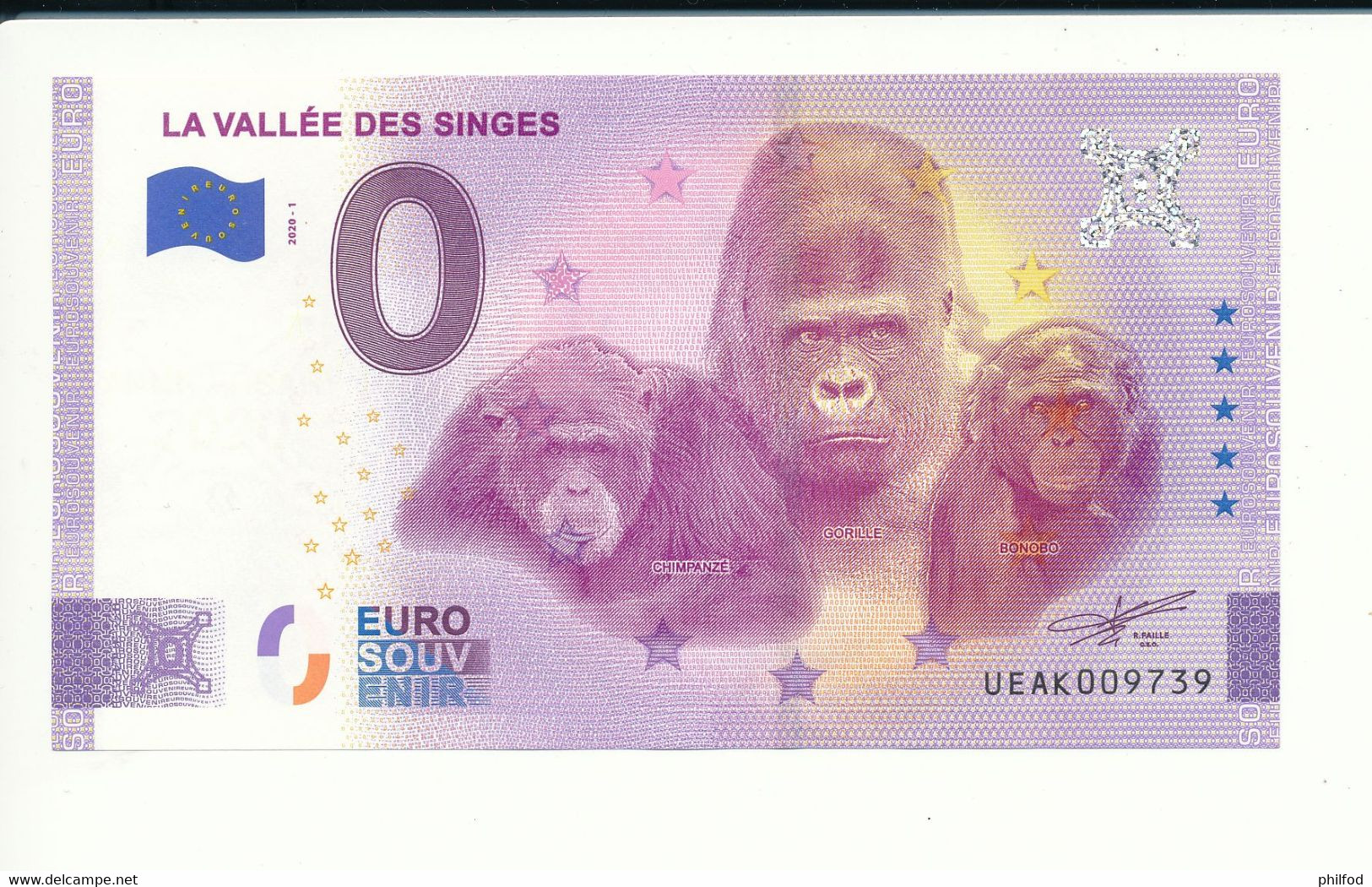 Billet Touristique  0 Euro  - LA VALLÉE DES SINGES  - UEAK - 2020-1 - ANNIV - N° 9739 - Billet Epuisé - Autres & Non Classés