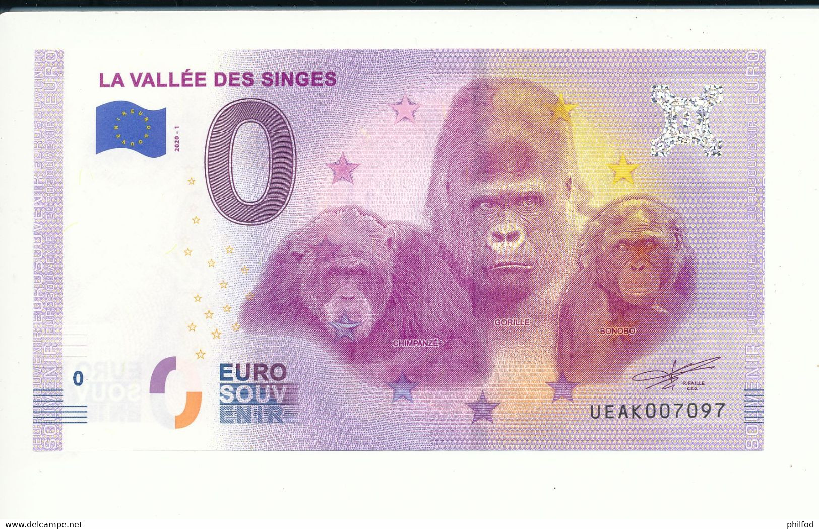 Billet Touristique  0 Euro  - LA VALLÉE DES SINGES  - UEAK - 2020-1 - N° 7097 - Billet épuisé - Autres & Non Classés