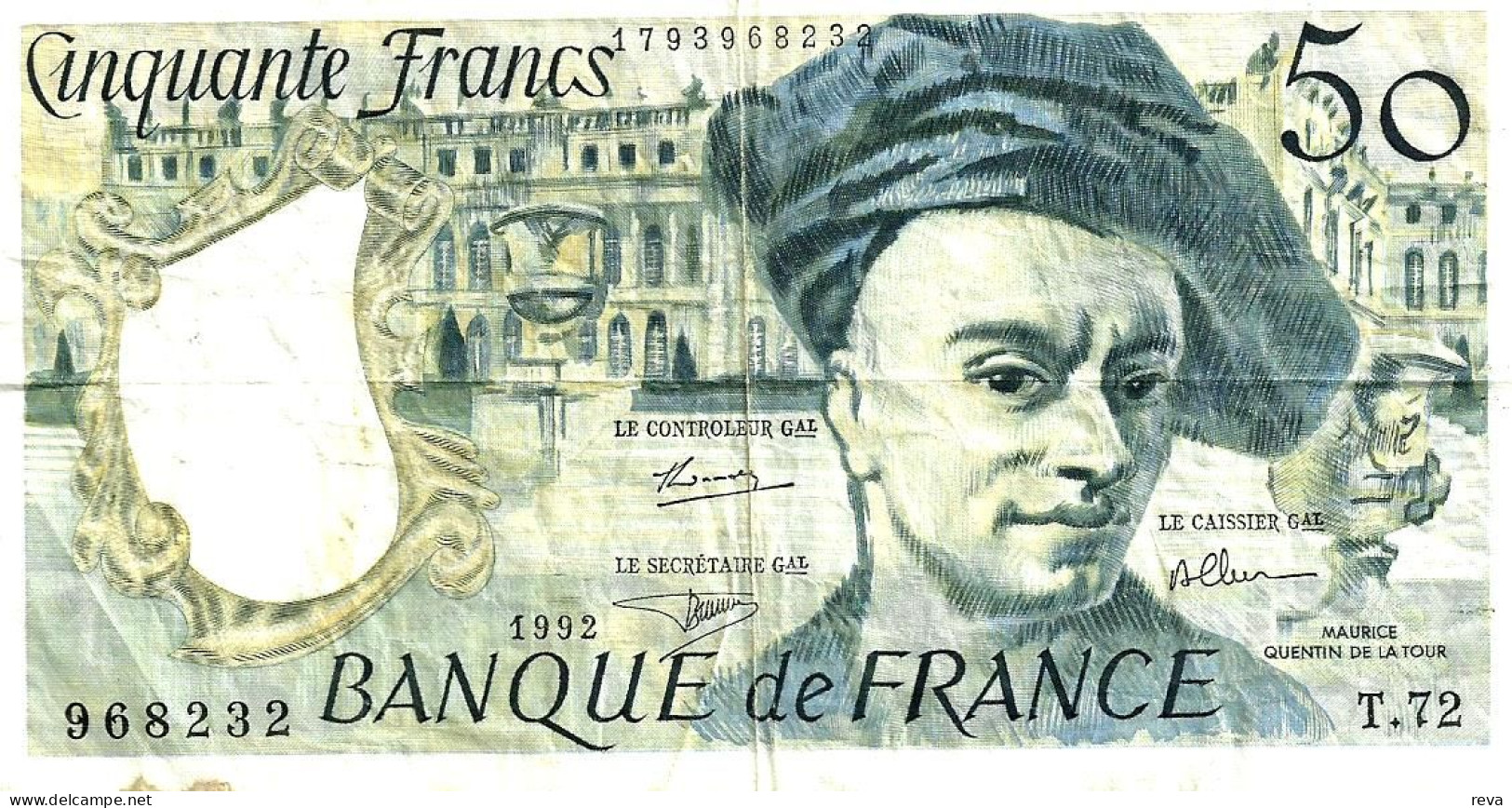 FRANCE 50 FRANCS YELLOWISH QUENTIN DE LA TOUR FRONT & MAN BACK DATED 1992 P152f F+ READ DESCRIPTION !! - 50 F 1976-1992 ''Quentin De La Tour''