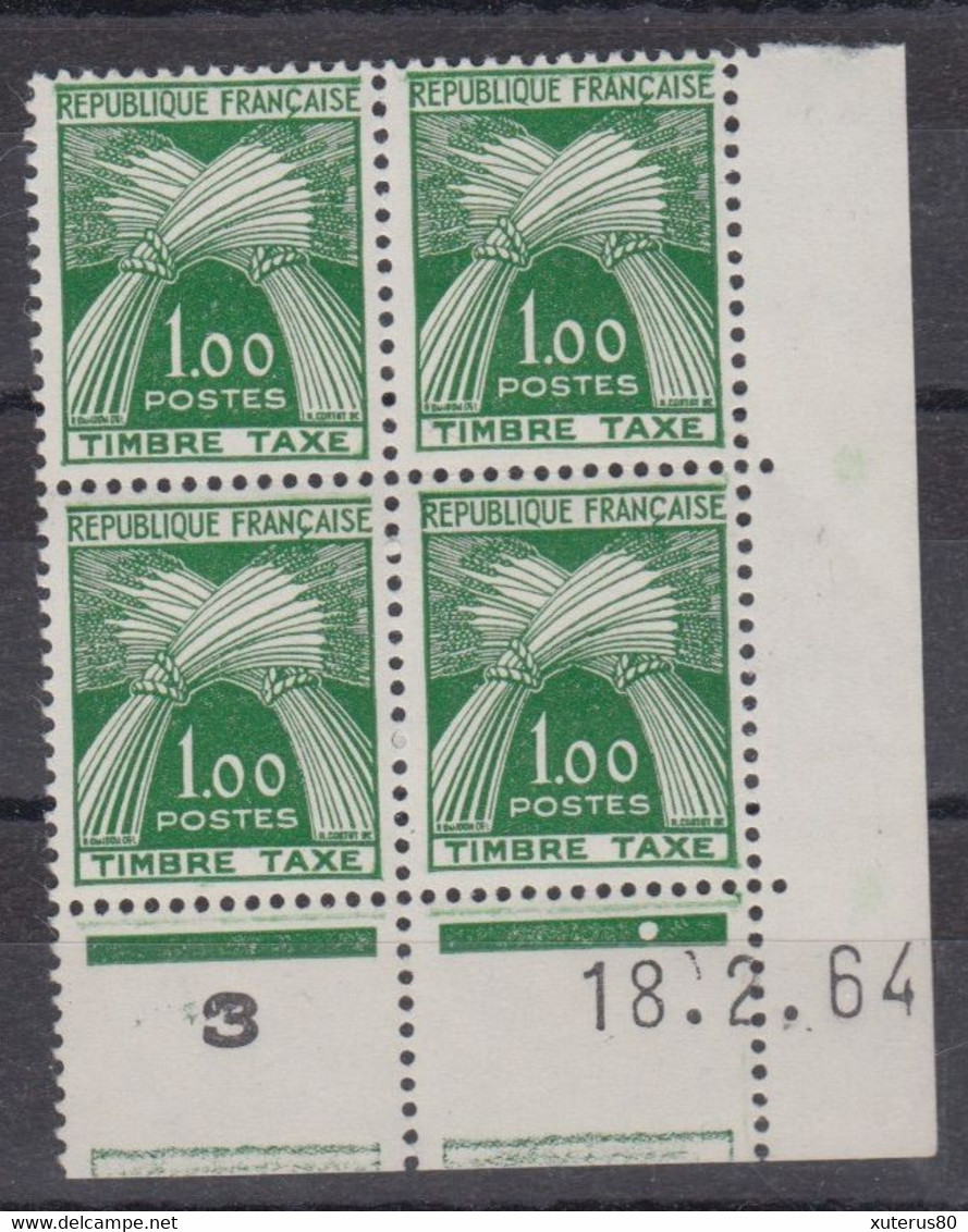 COIN DATE TIMBRE TAXE N° 94 ** EN BLOC DE 4 LUXE SANS CHARNIERE (18 FEVRIER 1964) - Postage Due