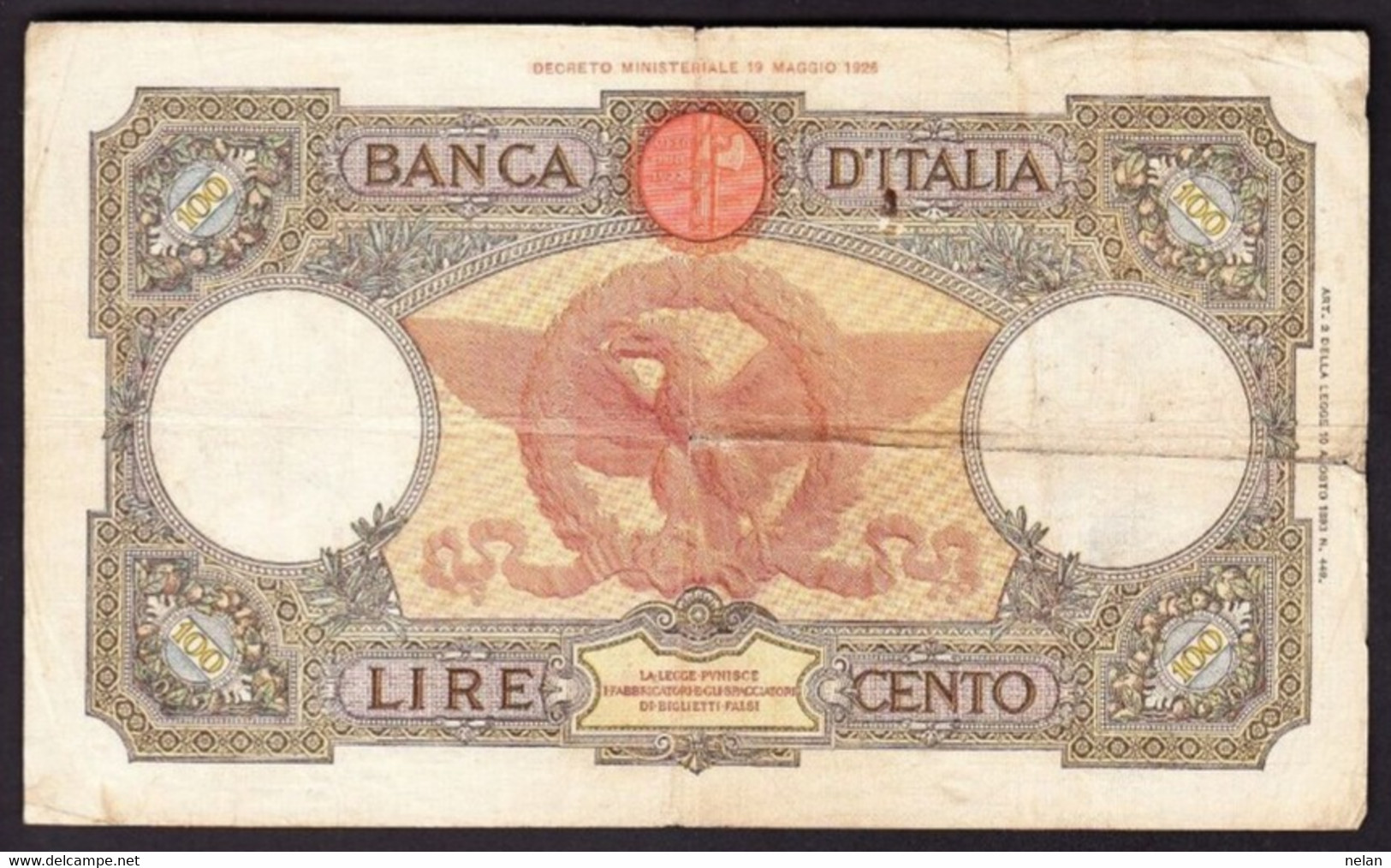 ITALIA - REGNO 100 LIRE (CAPRANESI - FASCIO) 1938  P-55b.5 VG - 100 Liras