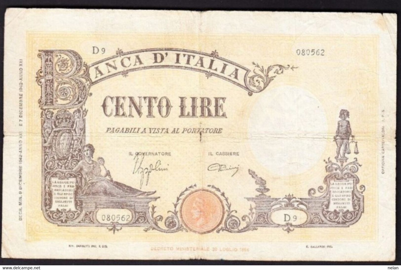 ITALIA - REGNO 100 LIRE  1943  P-67a   VG - 100 Liras