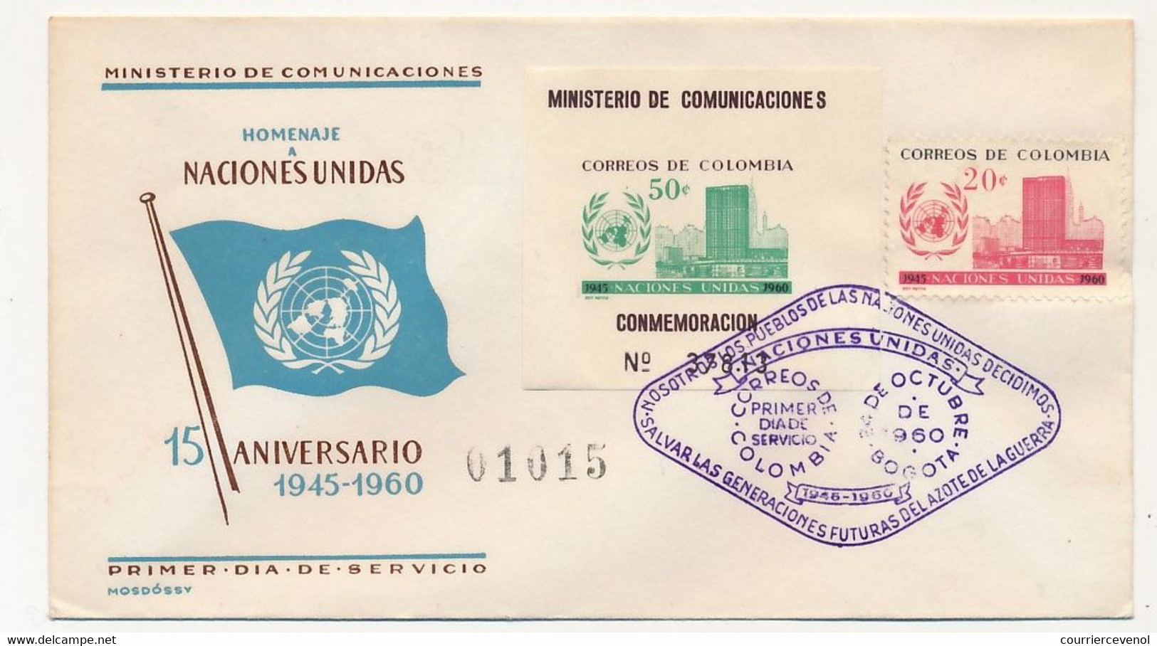 COLOMBIE - Enveloppe FDC 15eme Anniversaire Des Nations Unies - BOGOTA - 24 Oct. 1960 - Colombia