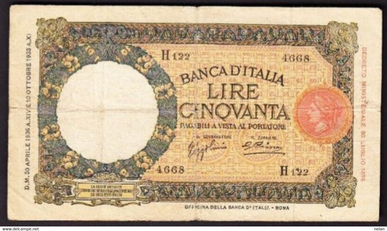 ITALIA - REGNO 50 LIRE (lupa Capitolina - Fascio)  1936  P-54a   VG - 50 Lire