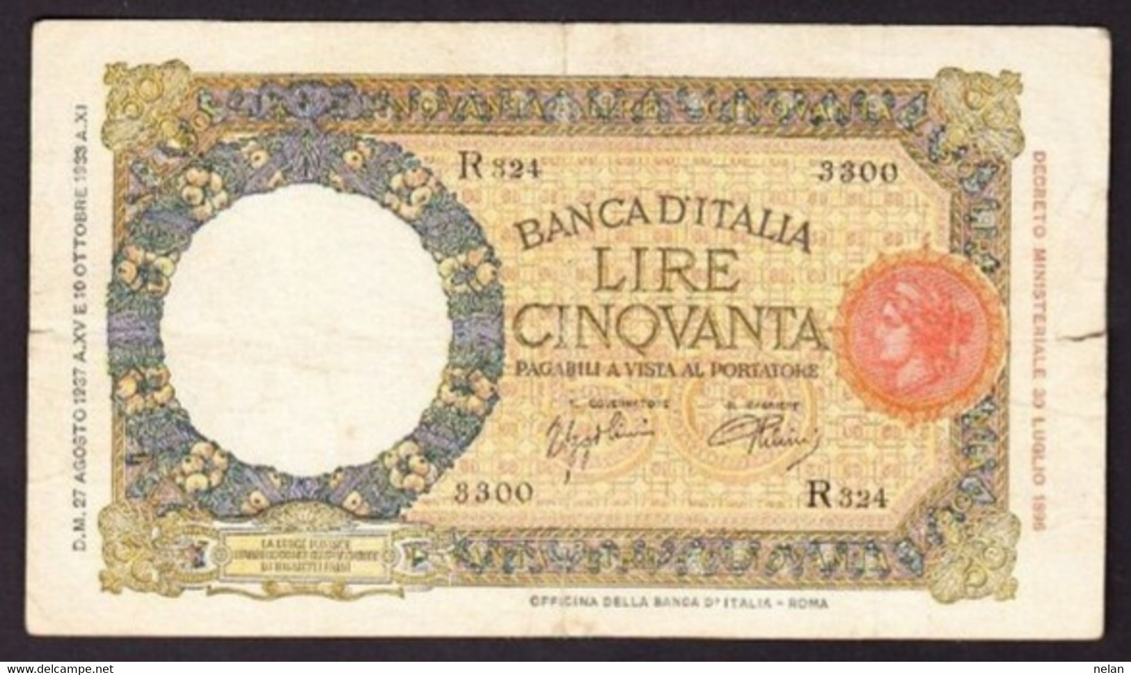 ITALIA - REGNO 50 LIRE (lupa Capitolina - Fascio)  1937  P-54b   VG - 50 Liras