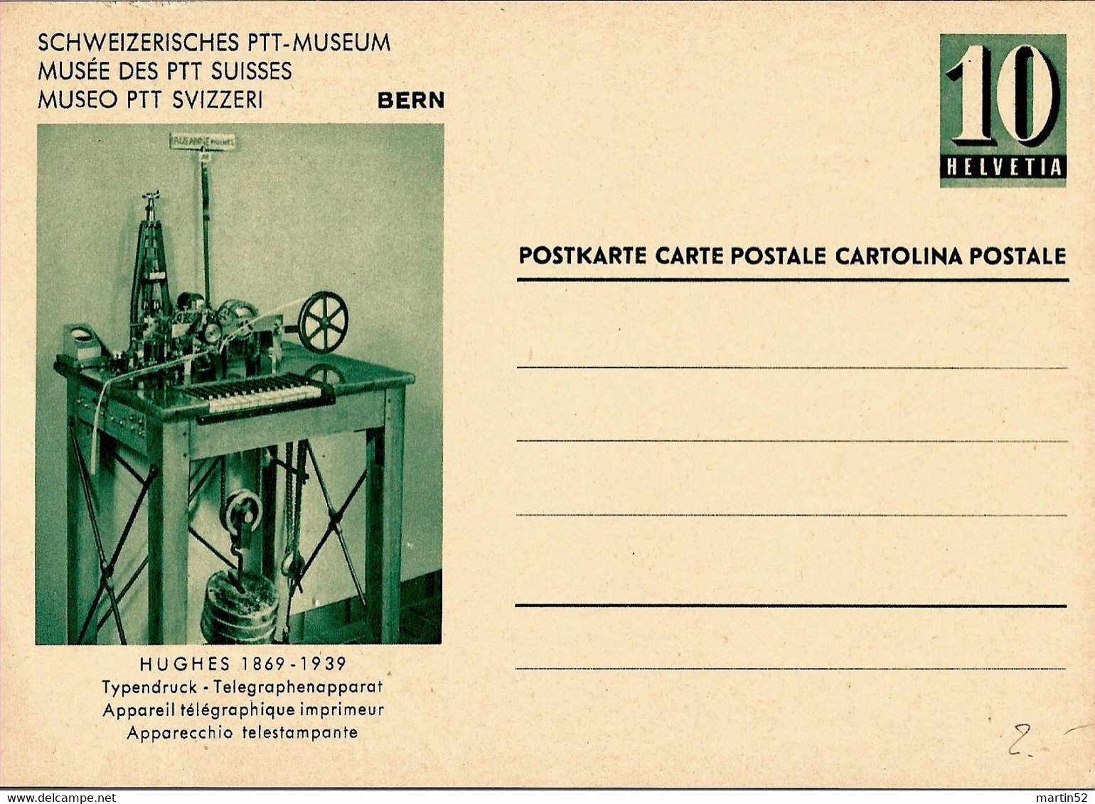 Schweiz Suisse 1950: Bild-PK CPI MUSÉE PTT "N° 154-3 "HUGHES 1869-1939 Telegraphenapparat" Ungelaufen / Non Circulé - Telegraph
