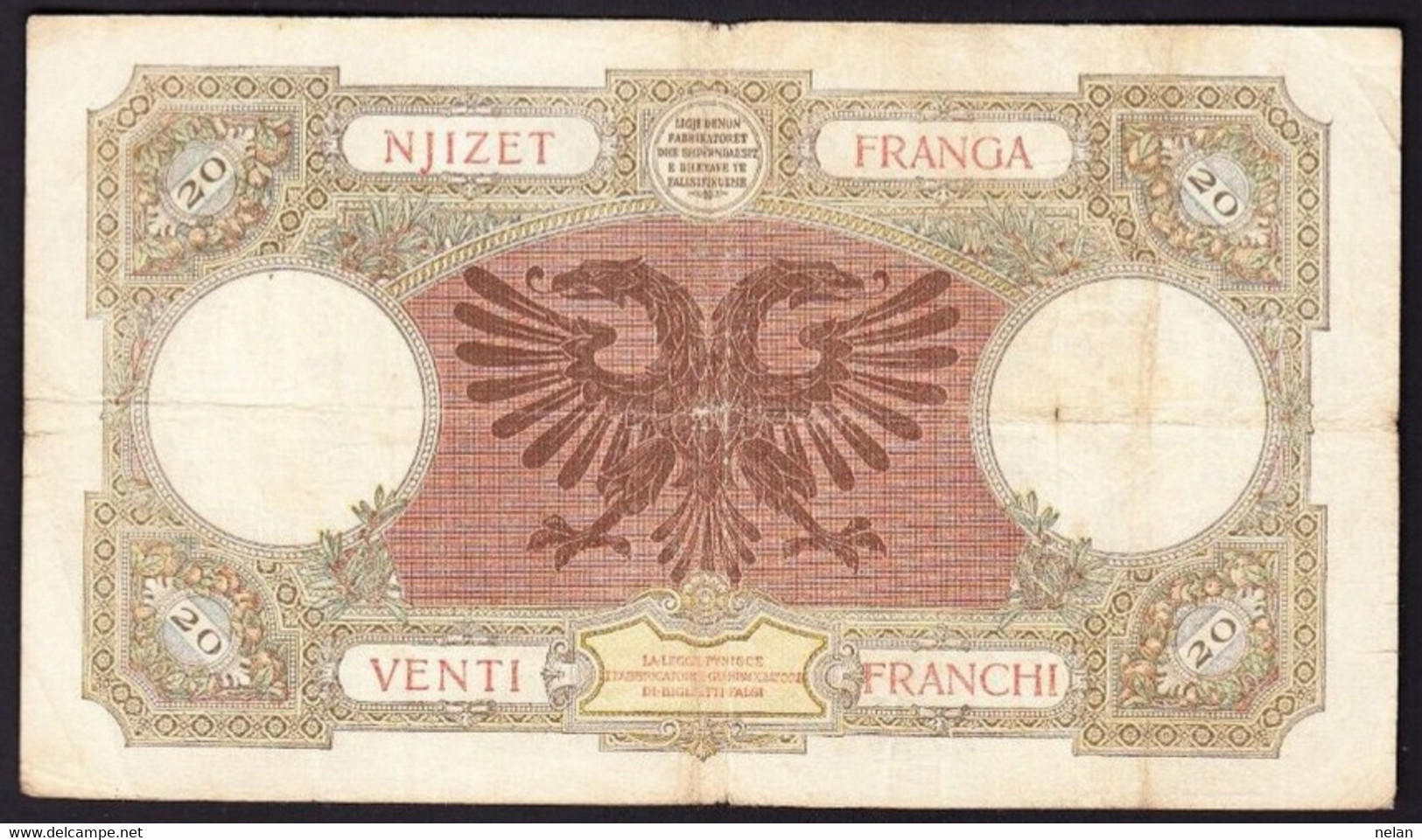 ALBANIA - 20 FRANGA  1939    P-7  VG - Albania