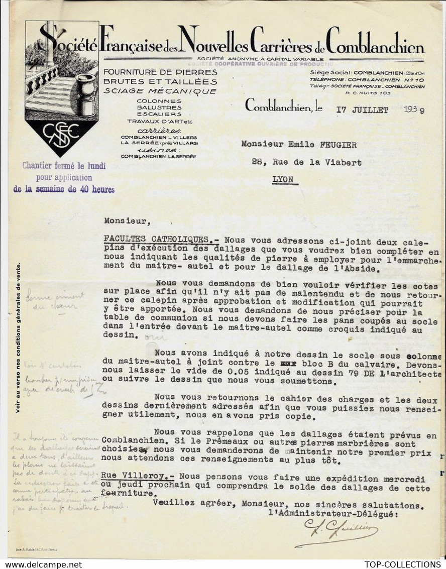 1939 ENTETE Sté Française Nouvelles Carrieres De Comblanchien Cote D'Or PIERRES BRUTES ET TAILLEES =>Feugier Lyon V.HIST - 1900 – 1949
