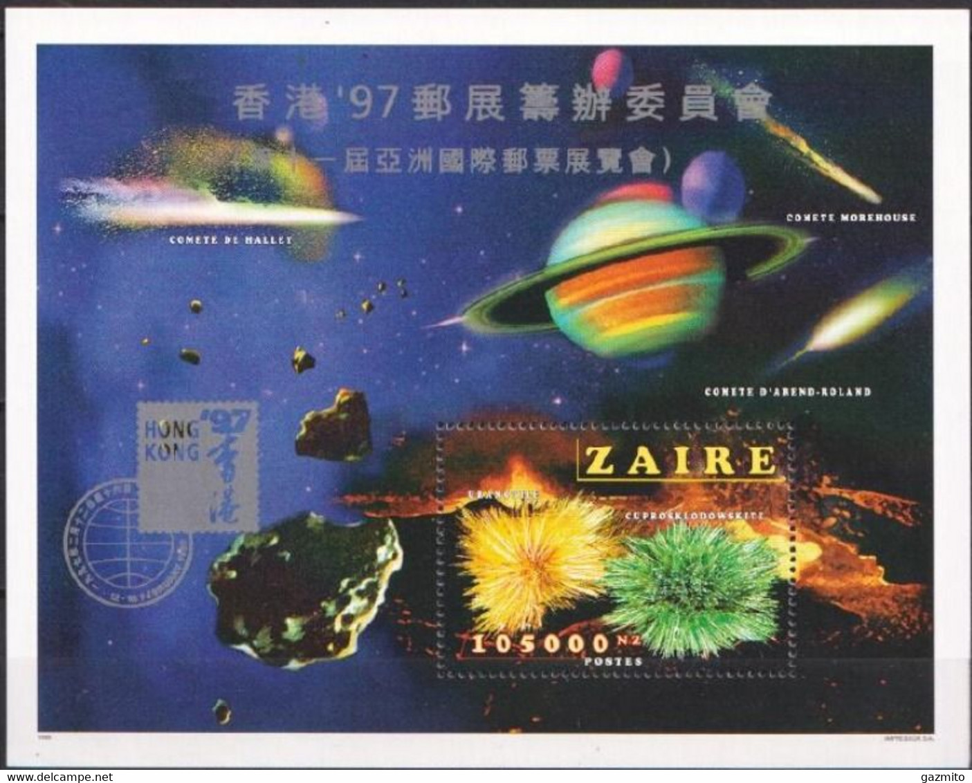 Zaire 1997, Philaexpo Hong Kong97, Overp. Space, Planets, Meteor, Comets, BF - Minéraux
