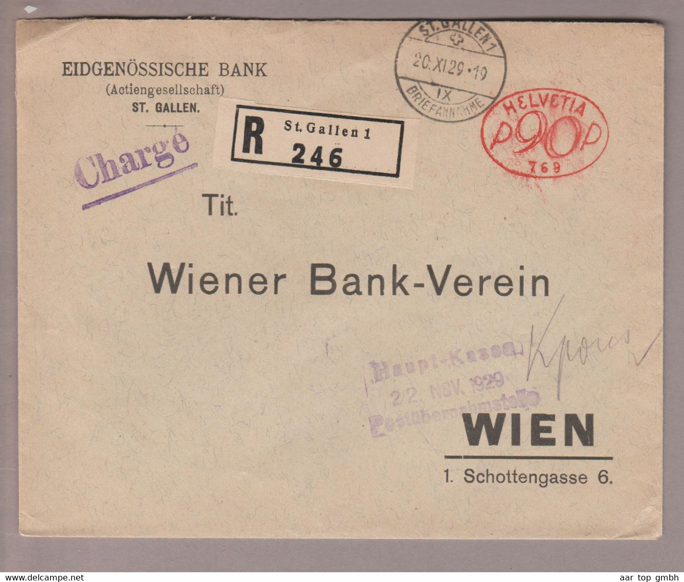 Schweiz Firmenfreistempel Oval #769 90Rp. 1929-11-20 St.Gallen R-Brief Nach Wien - Frankiermaschinen (FraMA)