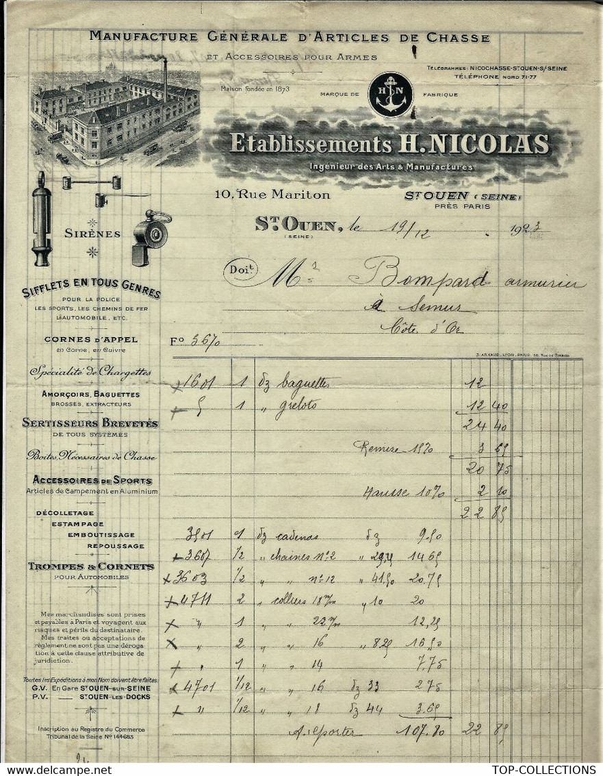 ARMES   1923 ENTETE MANUFACTURE ARICLES DE CHASSE  Ets H. NICOLAS Saint Ouen Paris Seine Pour Bompard Armurier à Semur - 1900 – 1949